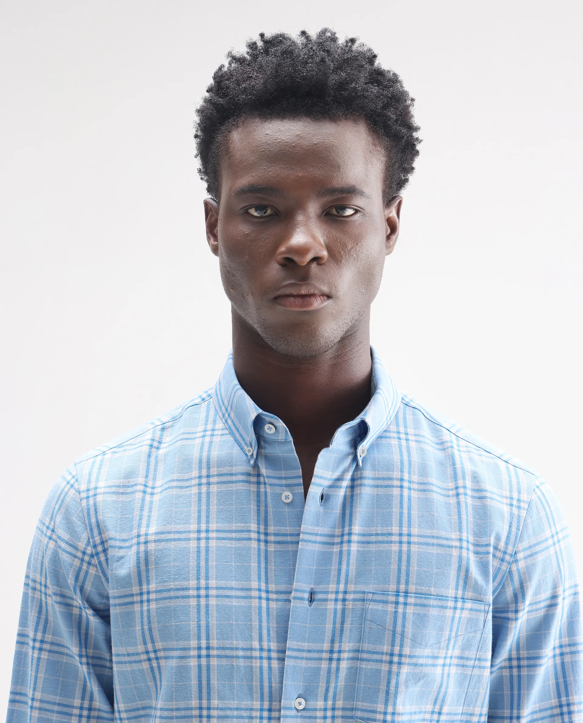 Rare Rabbit Men's Jaze Blue 100% Linen Checked Print Regular Fit Full Sleeve Collared Shirt - Image 6