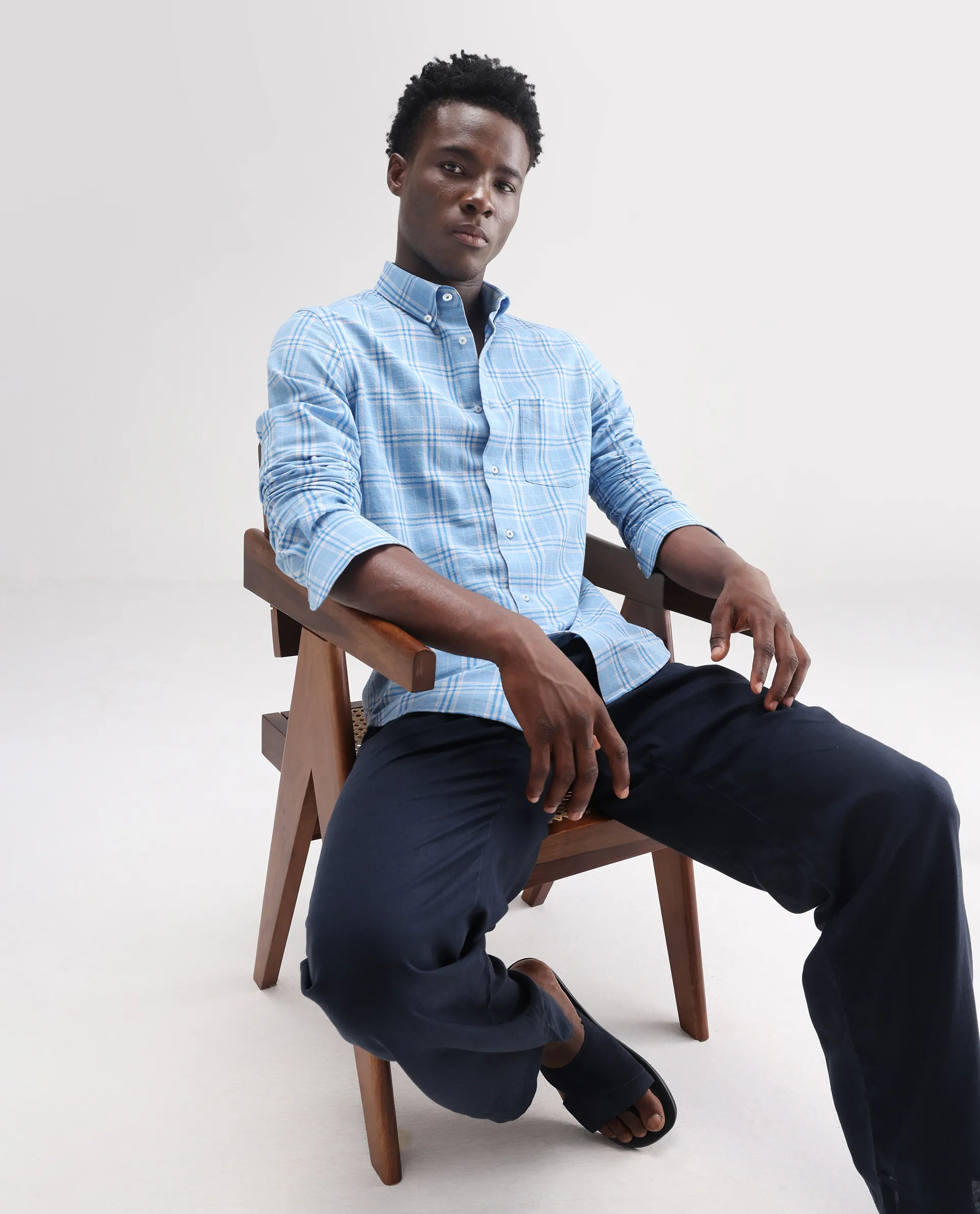 Rare Rabbit Men's Jaze Blue 100% Linen Checked Print Regular Fit Full Sleeve Collared Shirt - Image 7
