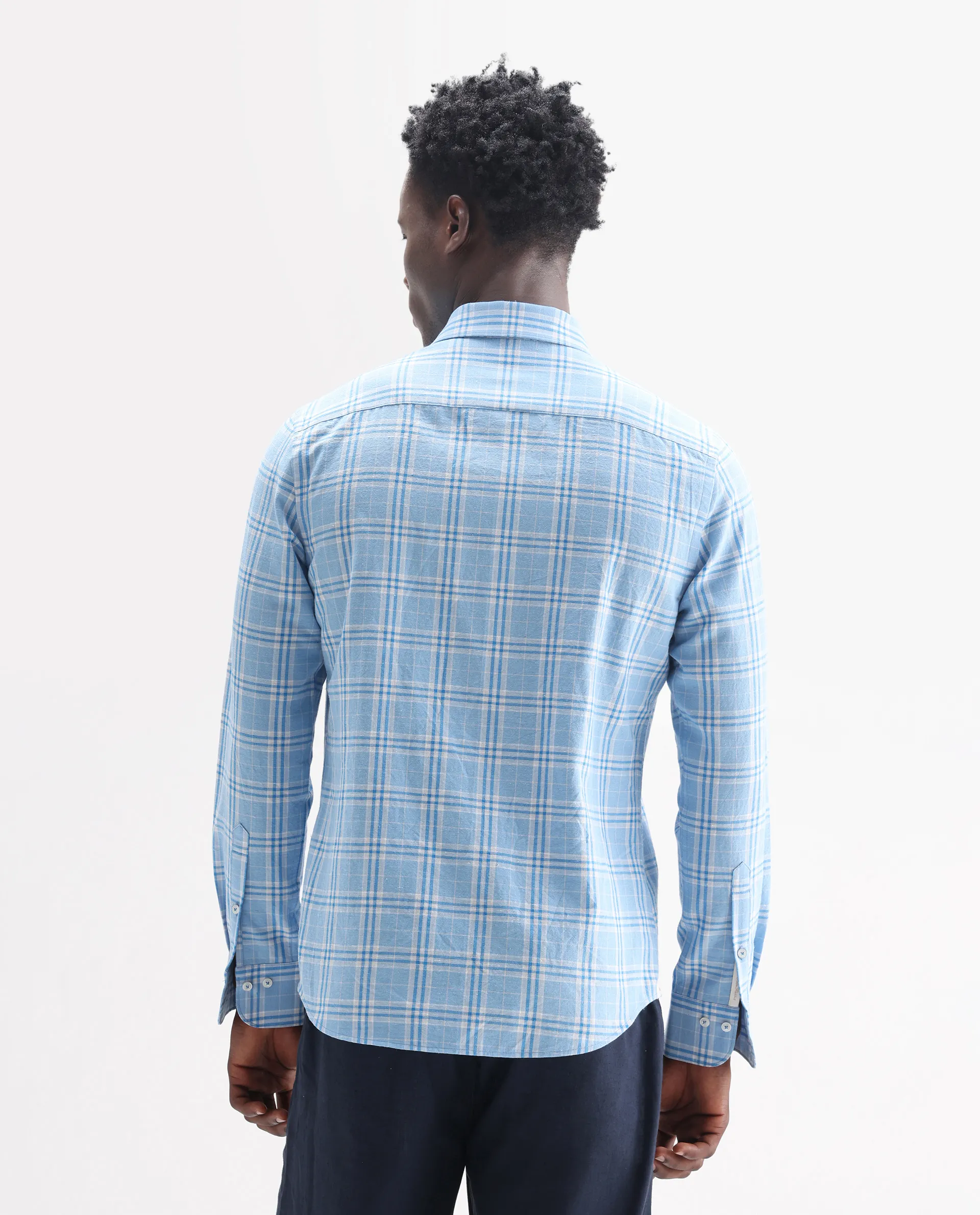 Rare Rabbit Men's Jaze Blue 100% Linen Checked Print Regular Fit Full Sleeve Collared Shirt - Image 8