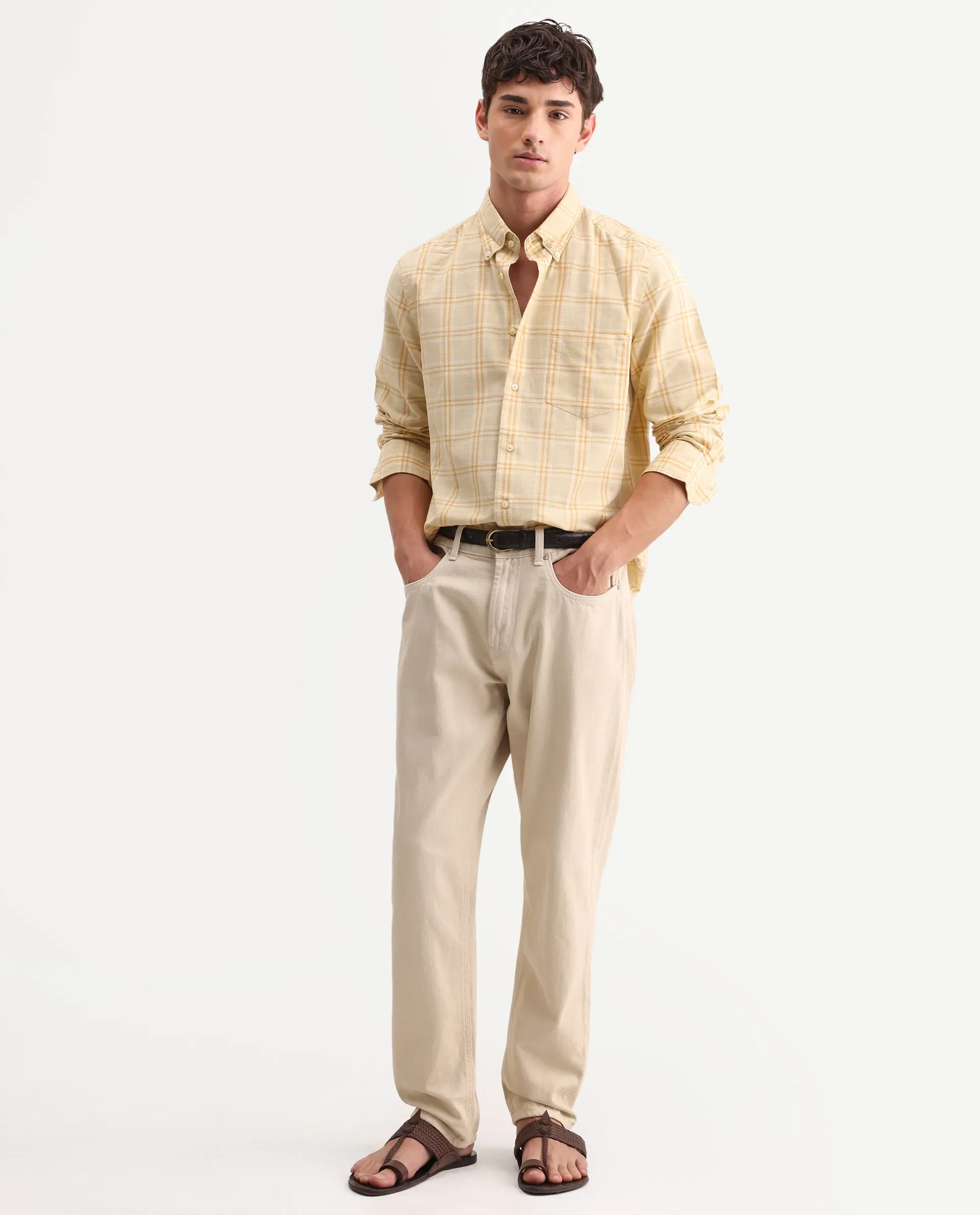 Rare Rabbit Men's Jaze Yellow 100% Linen Checked Print Regular Fit Full Sleeve Collared Shirt - Image 2