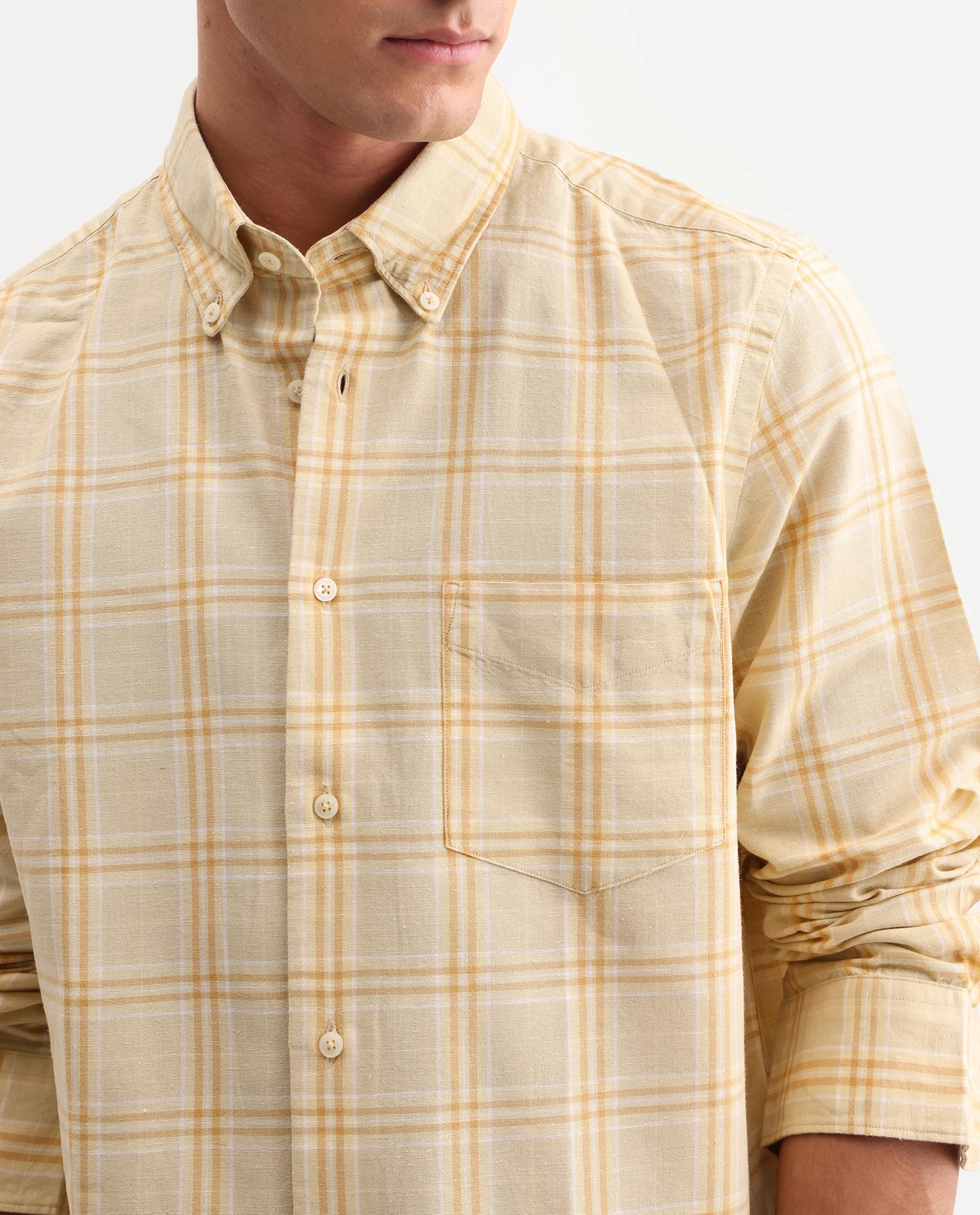 Rare Rabbit Men's Jaze Yellow 100% Linen Checked Print Regular Fit Full Sleeve Collared Shirt - Image 3