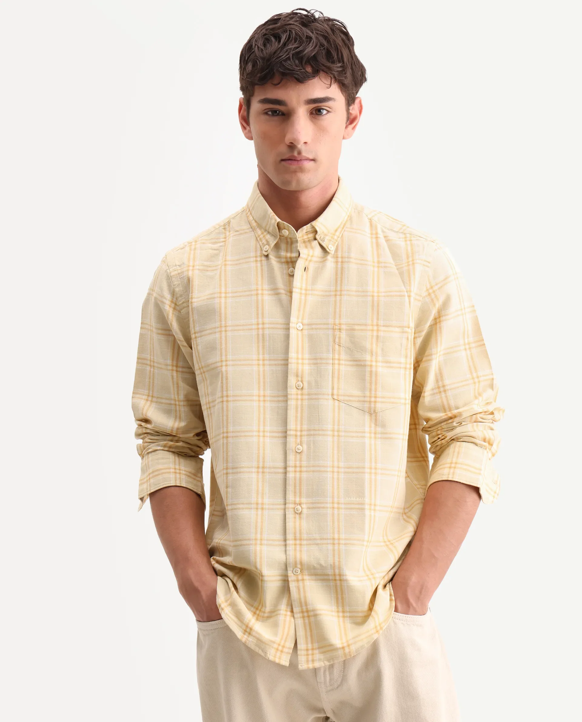 Rare Rabbit Men's Jaze Yellow 100% Linen Checked Print Regular Fit Full Sleeve Collared Shirt - Image 4