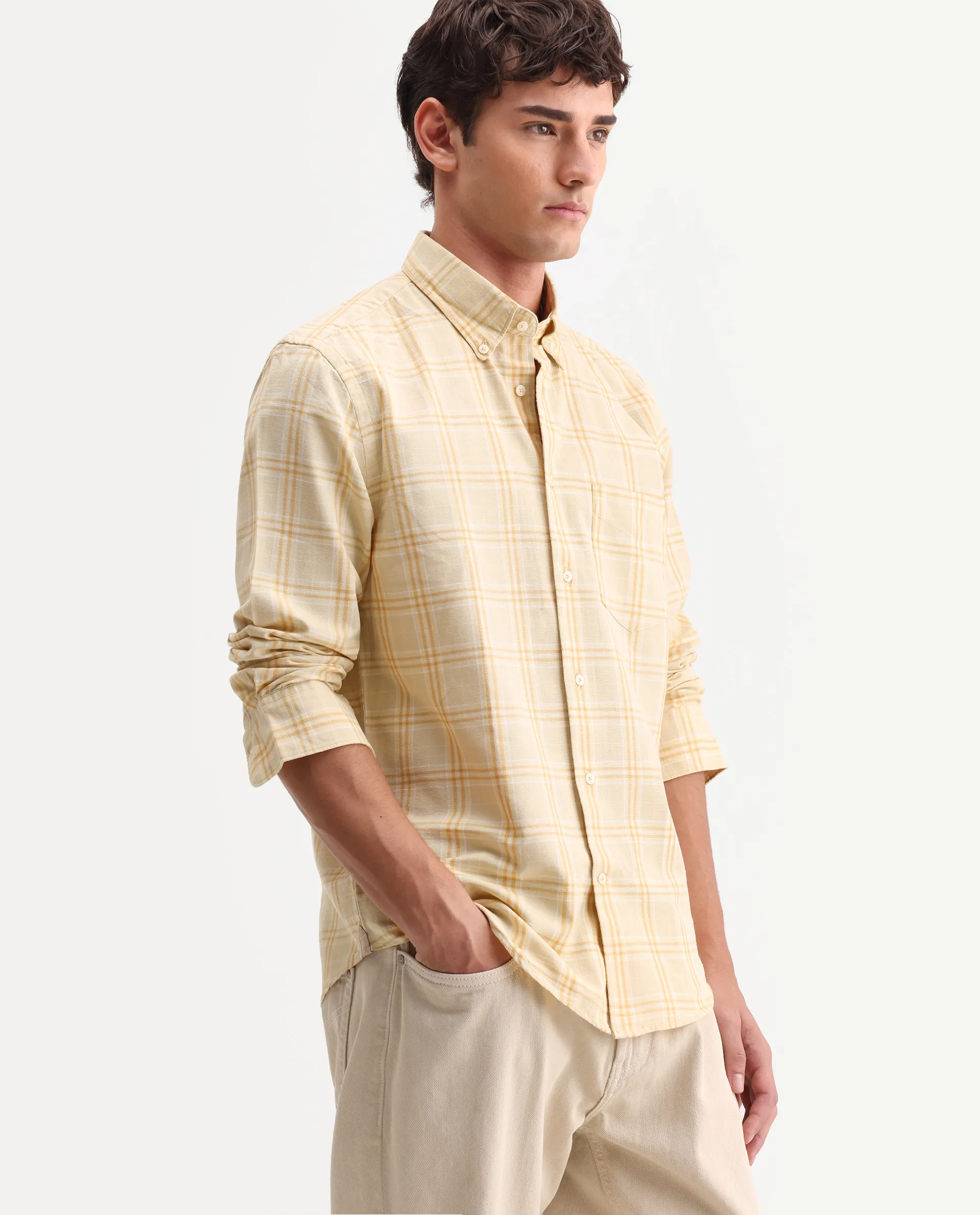 Rare Rabbit Men's Jaze Yellow 100% Linen Checked Print Regular Fit Full Sleeve Collared Shirt - Image 5