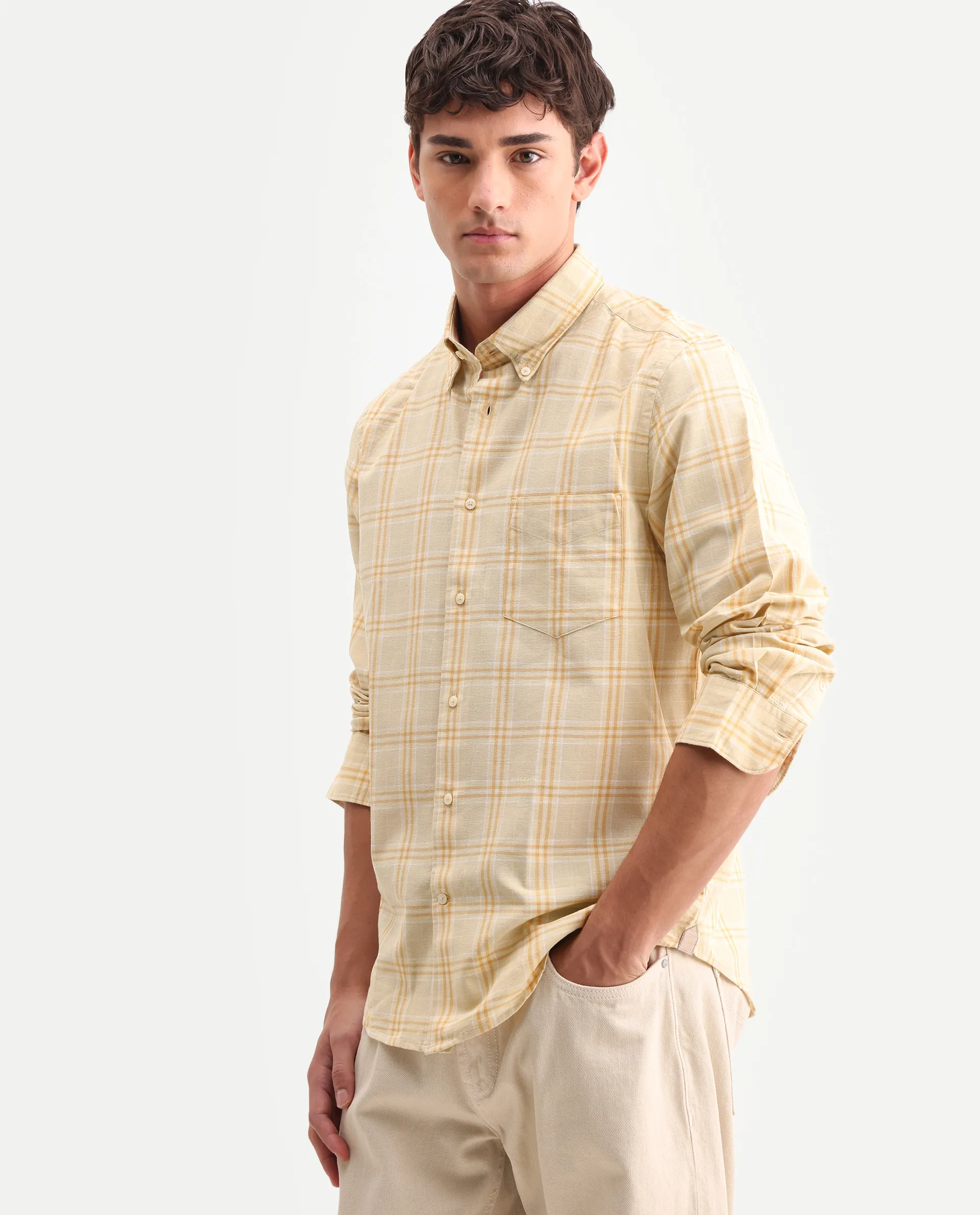 Rare Rabbit Men's Jaze Yellow 100% Linen Checked Print Regular Fit Full Sleeve Collared Shirt - Image 6