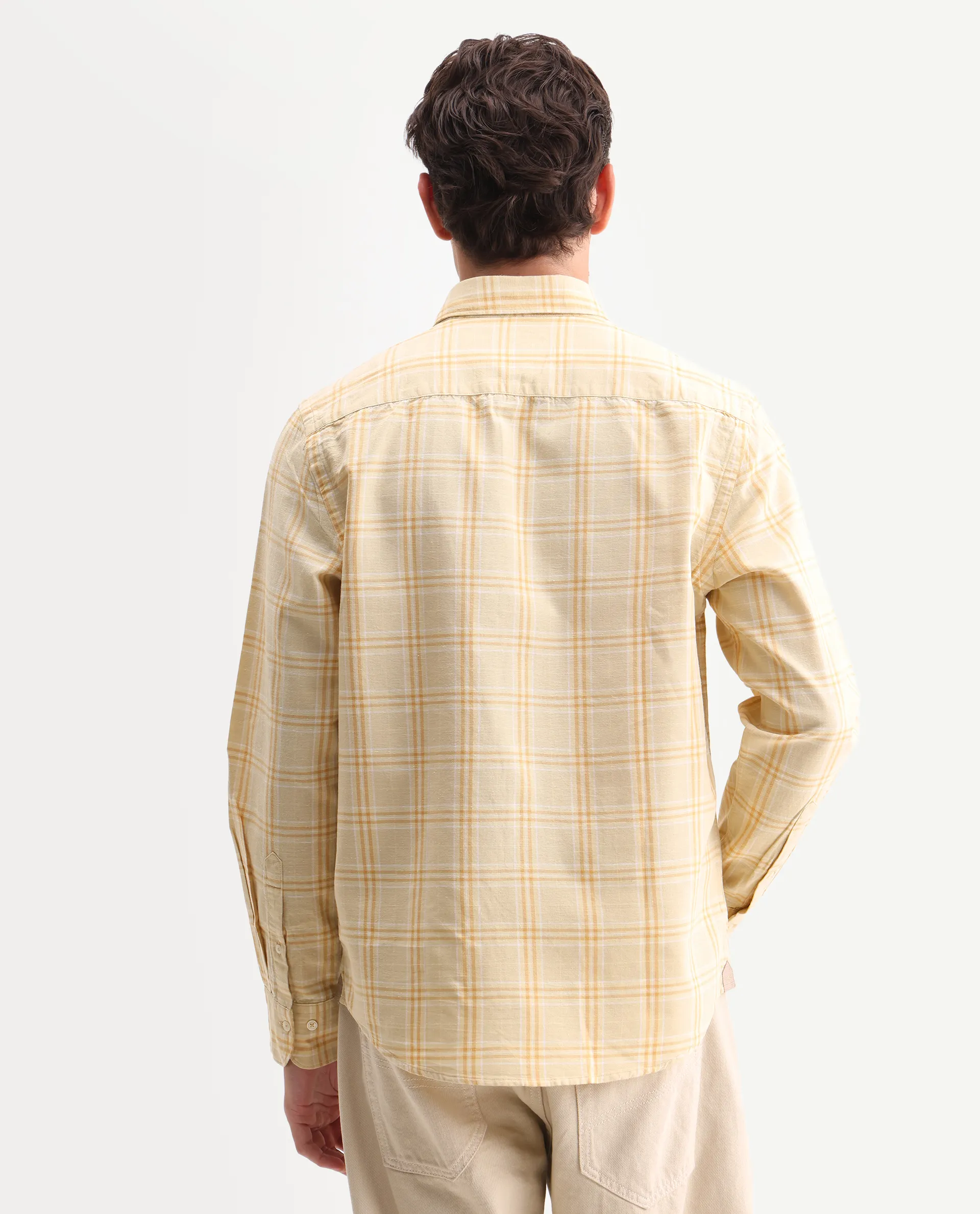 Rare Rabbit Men's Jaze Yellow 100% Linen Checked Print Regular Fit Full Sleeve Collared Shirt - Image 7