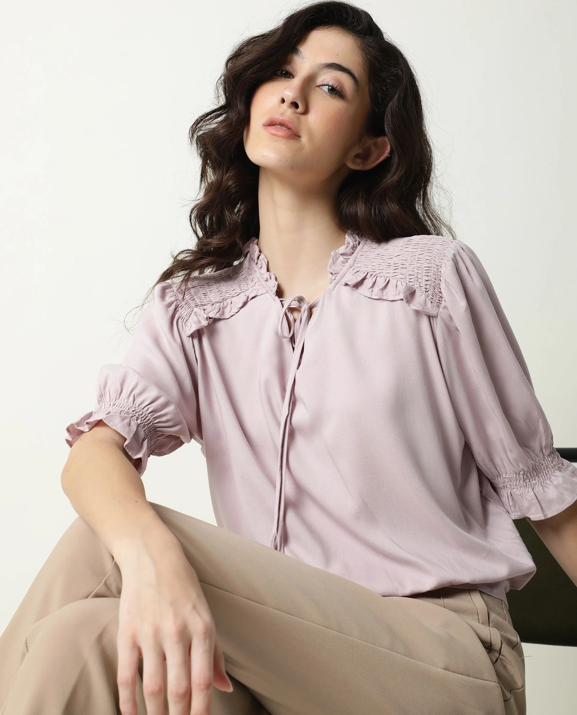 Rareism Womens Jazz Purple Top Viscose Fabric Regular Fit Puff Sleeves Tie Up Neck