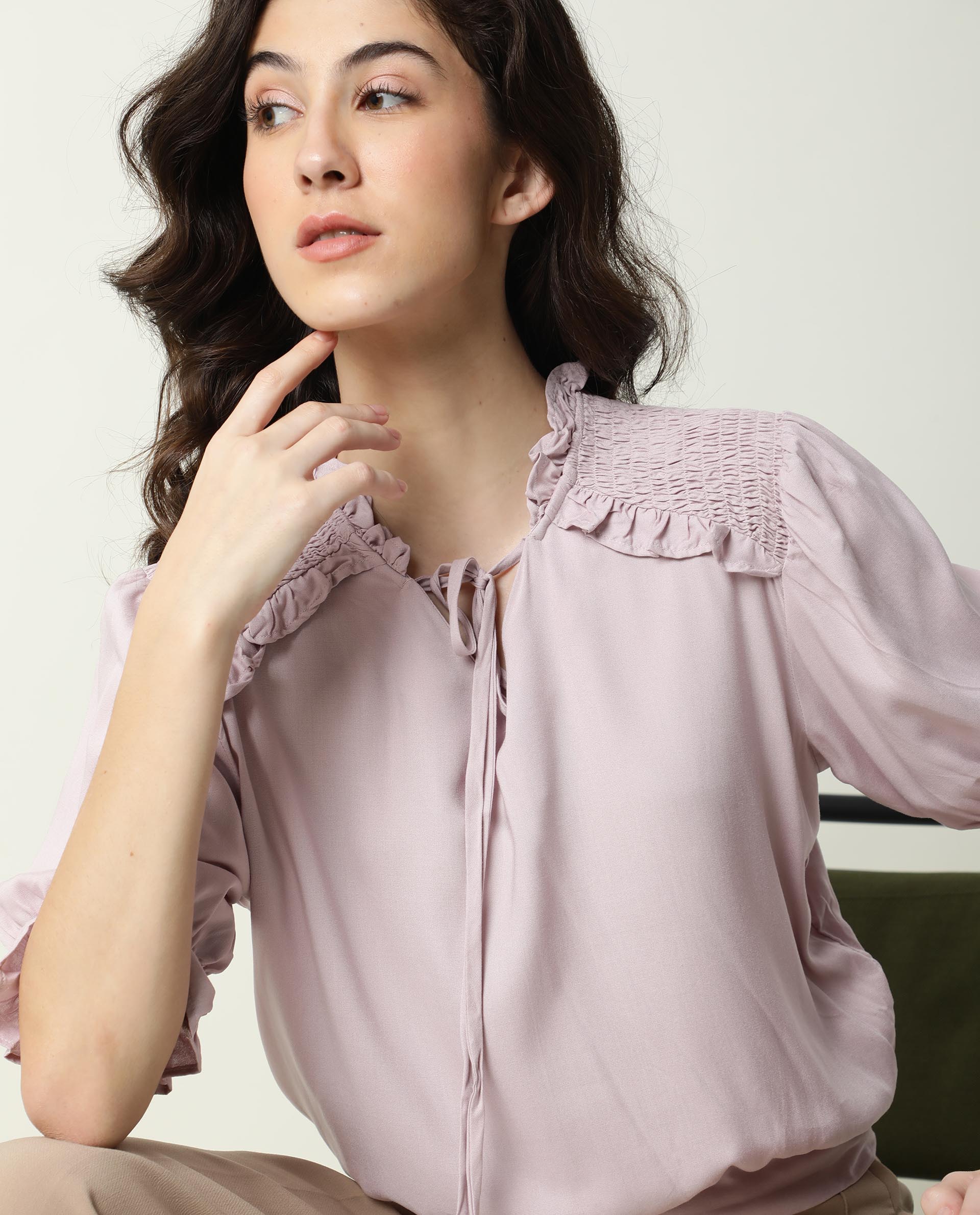 Rareism Womens Jazz Purple Top Viscose Fabric Regular Fit Puff Sleeves Tie Up Neck - Image 11