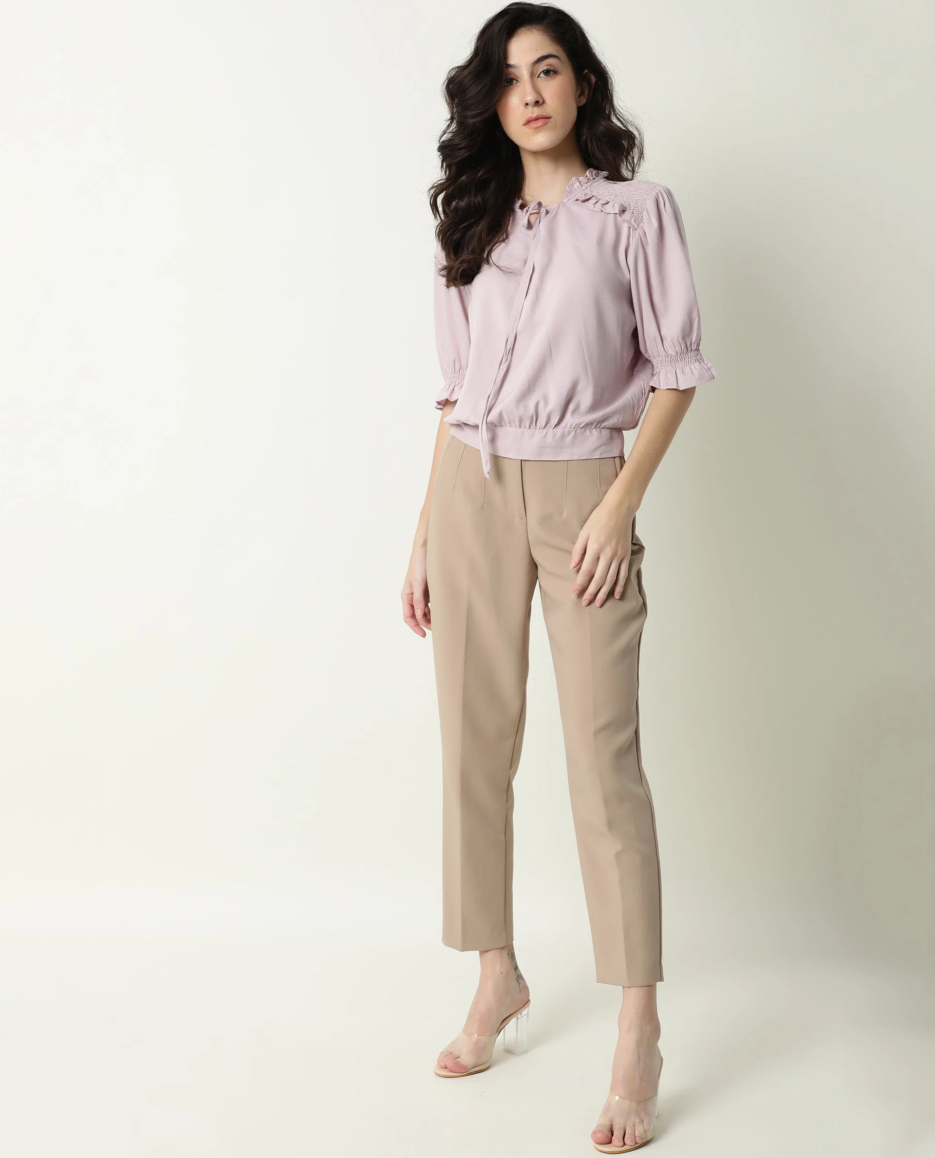 Rareism Womens Jazz Purple Top Viscose Fabric Regular Fit Puff Sleeves Tie Up Neck - Image 2
