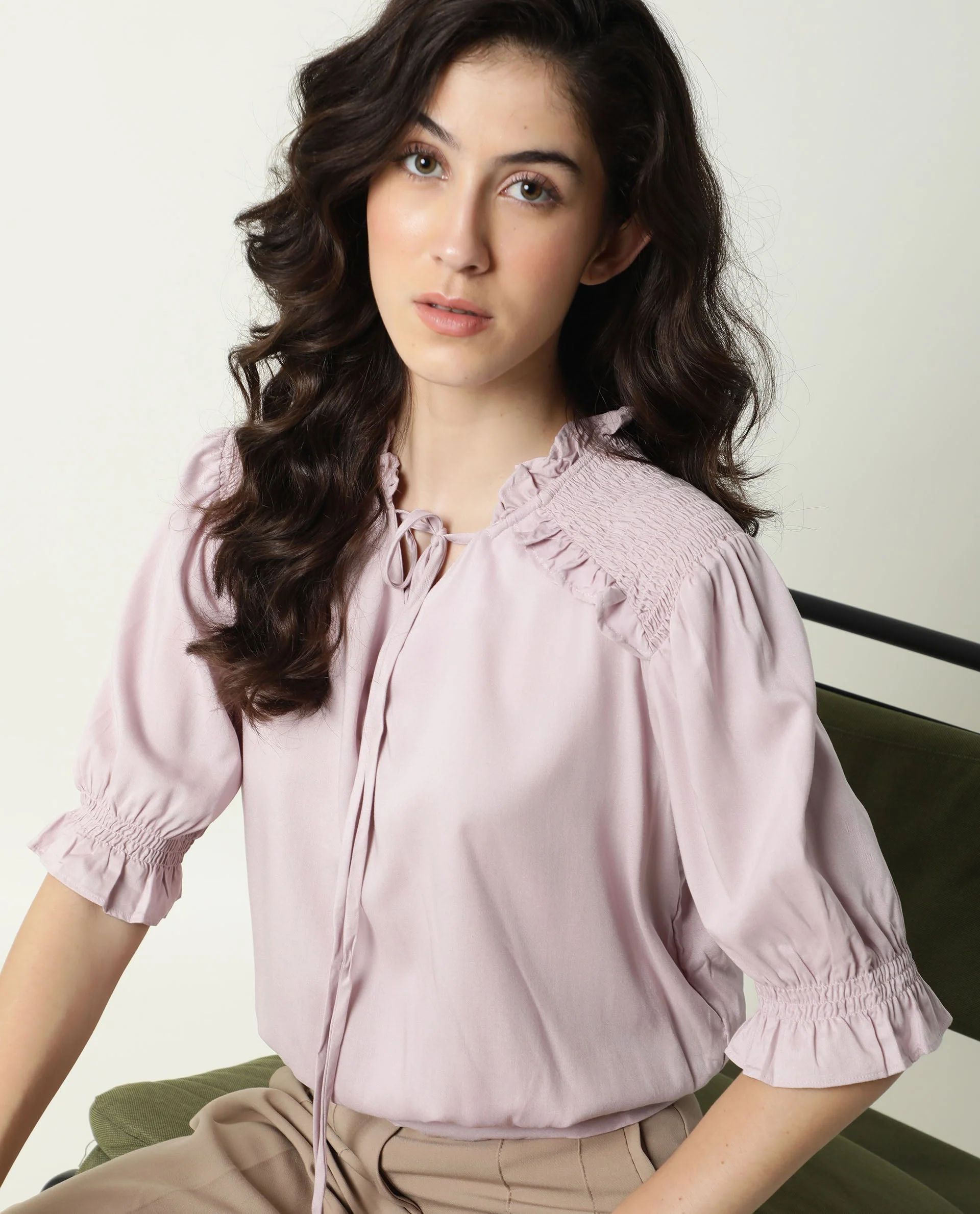 Rareism Womens Jazz Purple Top Viscose Fabric Regular Fit Puff Sleeves Tie Up Neck - Image 4