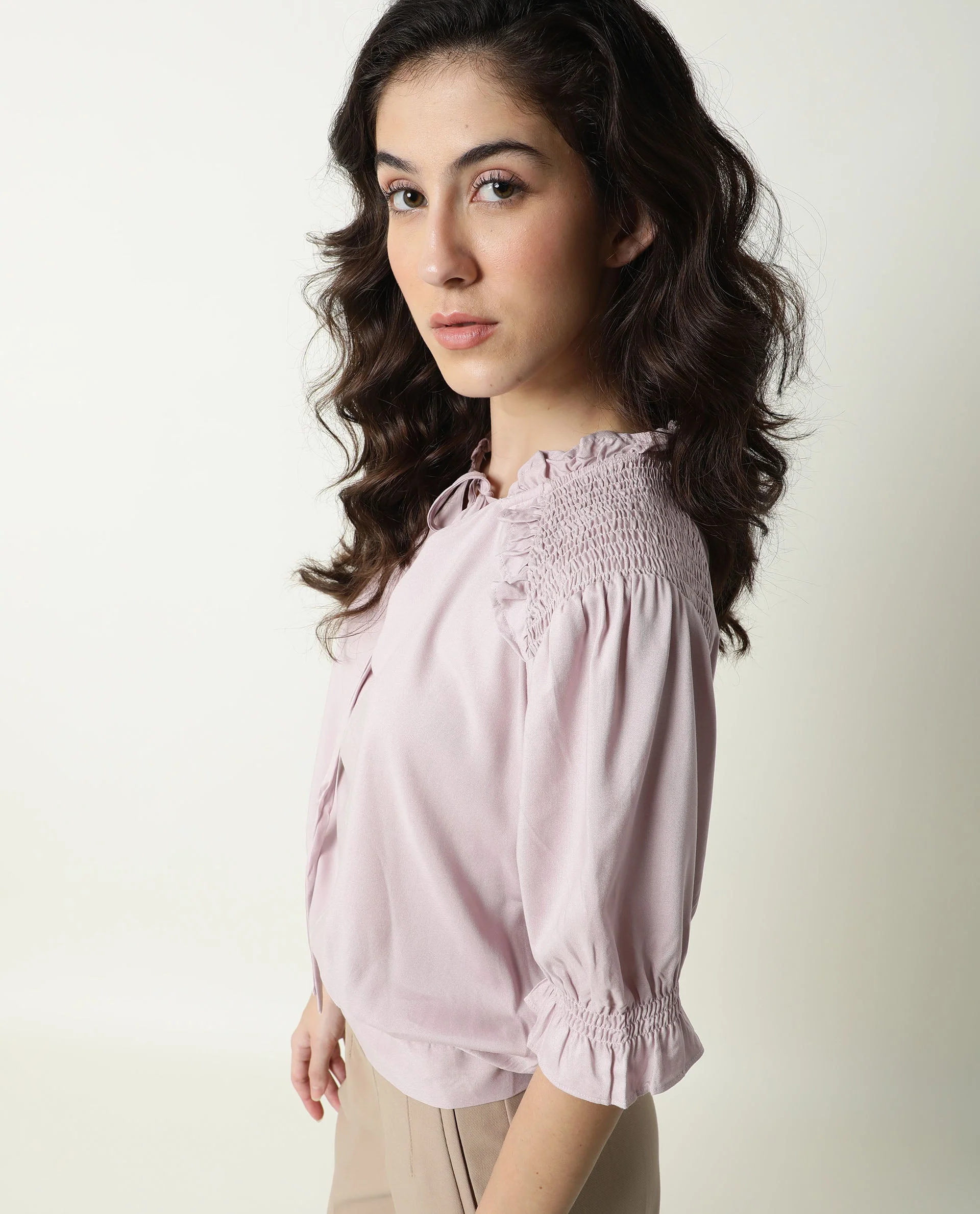 Rareism Womens Jazz Purple Top Viscose Fabric Regular Fit Puff Sleeves Tie Up Neck - Image 5