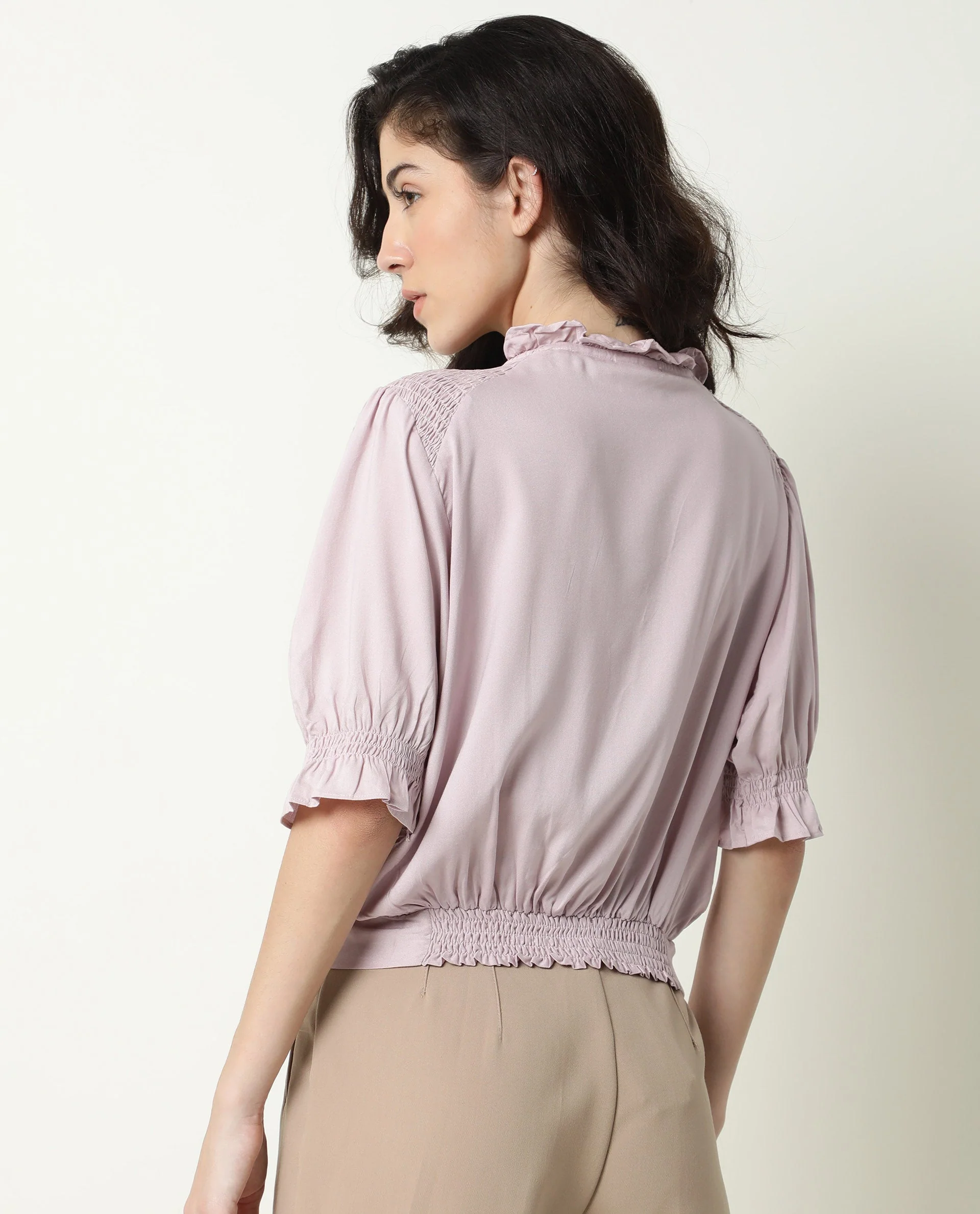 Rareism Womens Jazz Purple Top Viscose Fabric Regular Fit Puff Sleeves Tie Up Neck - Image 7