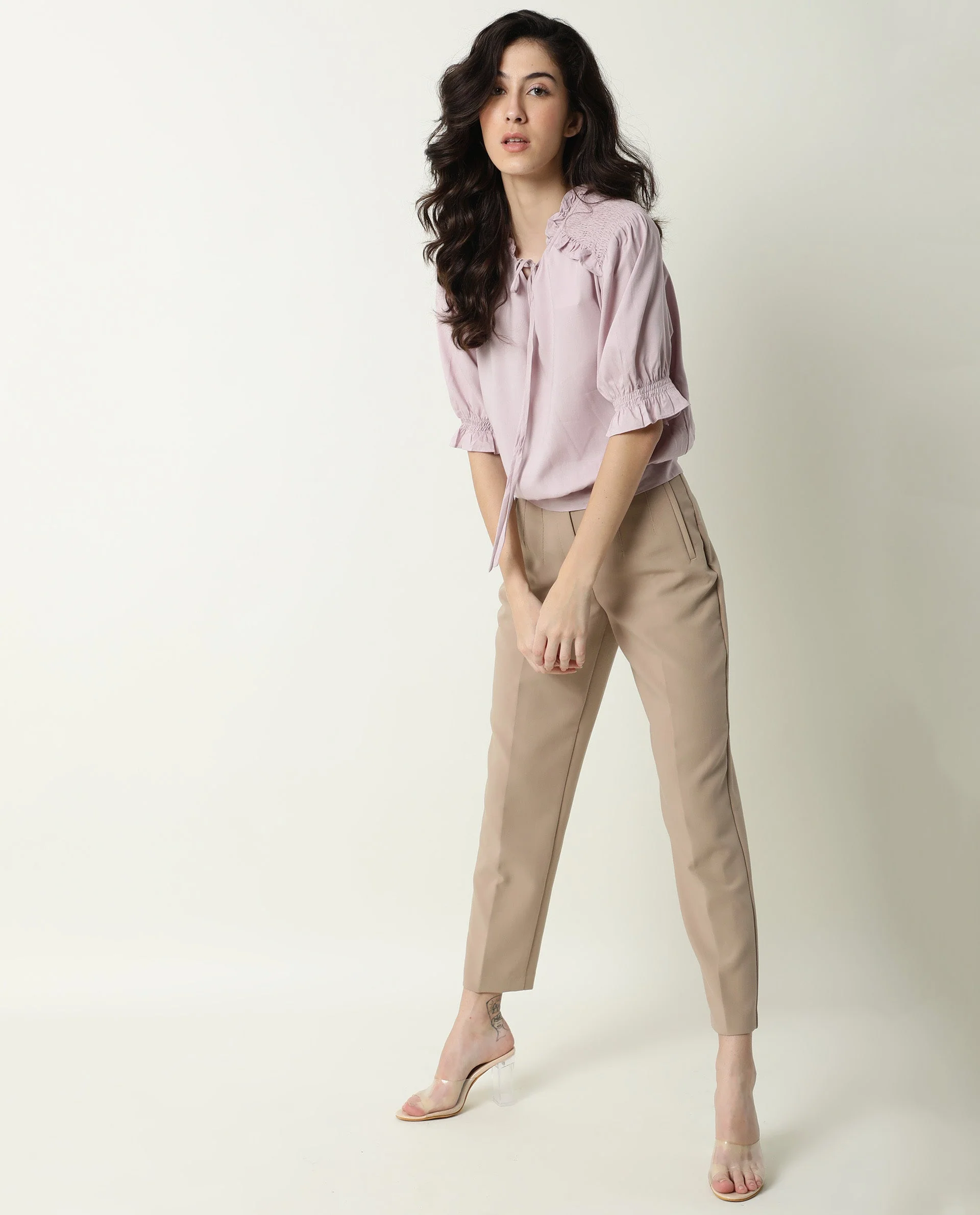 Rareism Womens Jazz Purple Top Viscose Fabric Regular Fit Puff Sleeves Tie Up Neck - Image 9