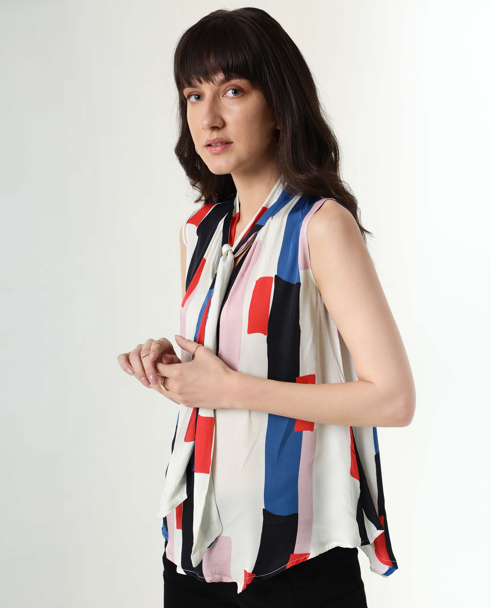 Rareism Women's Jazzes White Cowl Neck Printed Sleeveless Knee Length Tailored Top - Image 2