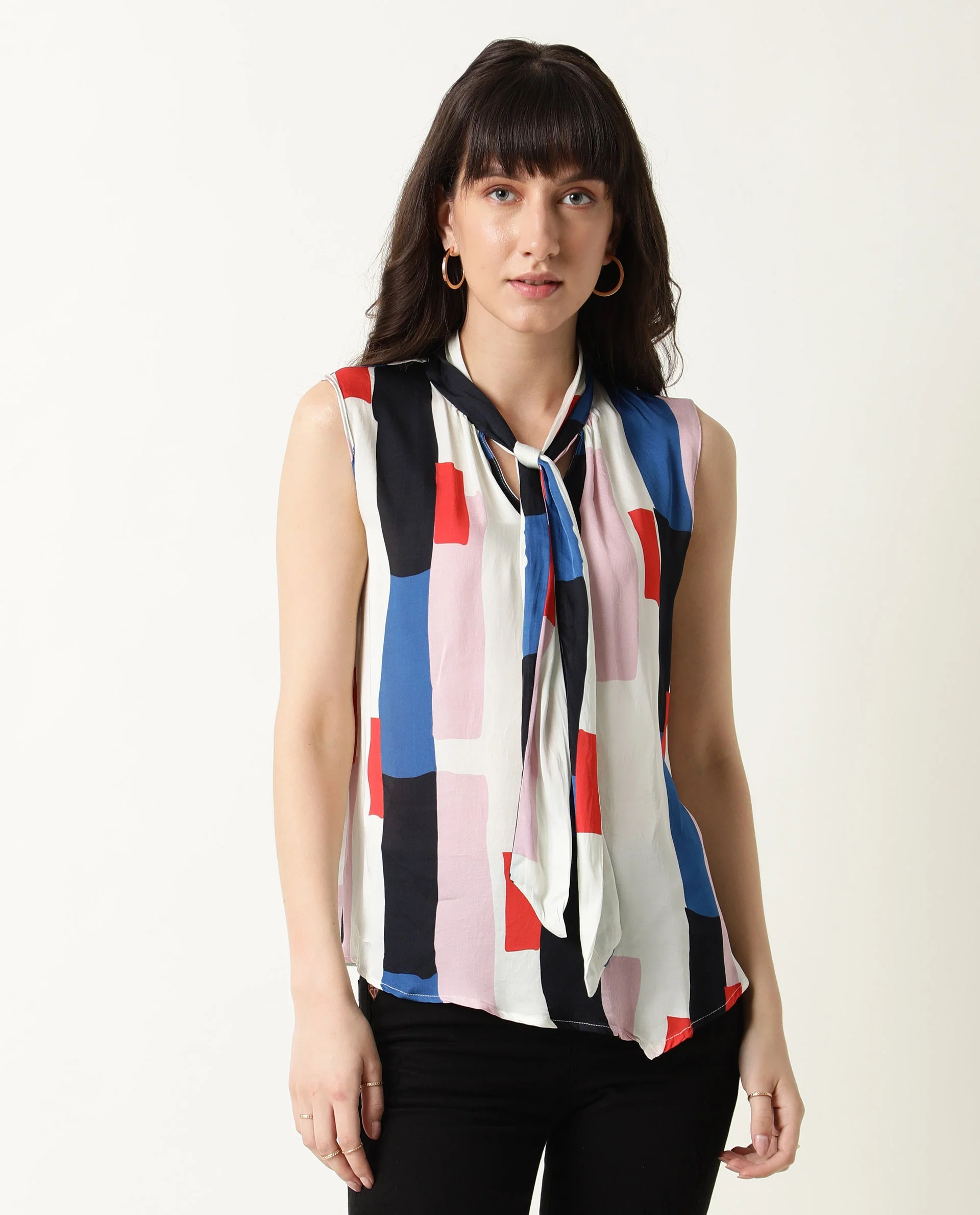 Rareism Women's Jazzes White Cowl Neck Printed Sleeveless Knee Length Tailored Top - Image 3