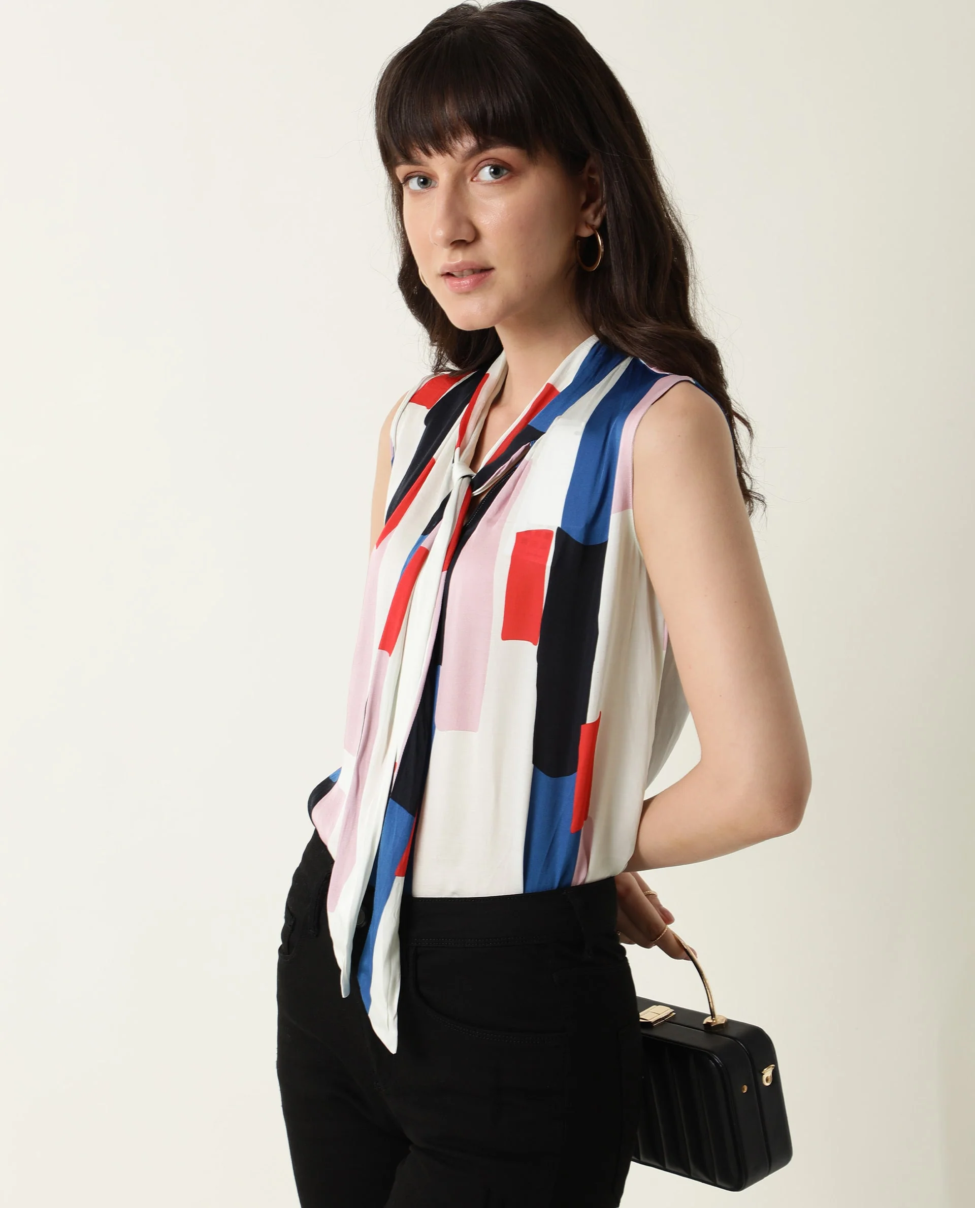 Rareism Women's Jazzes White Cowl Neck Printed Sleeveless Knee Length Tailored Top - Image 7