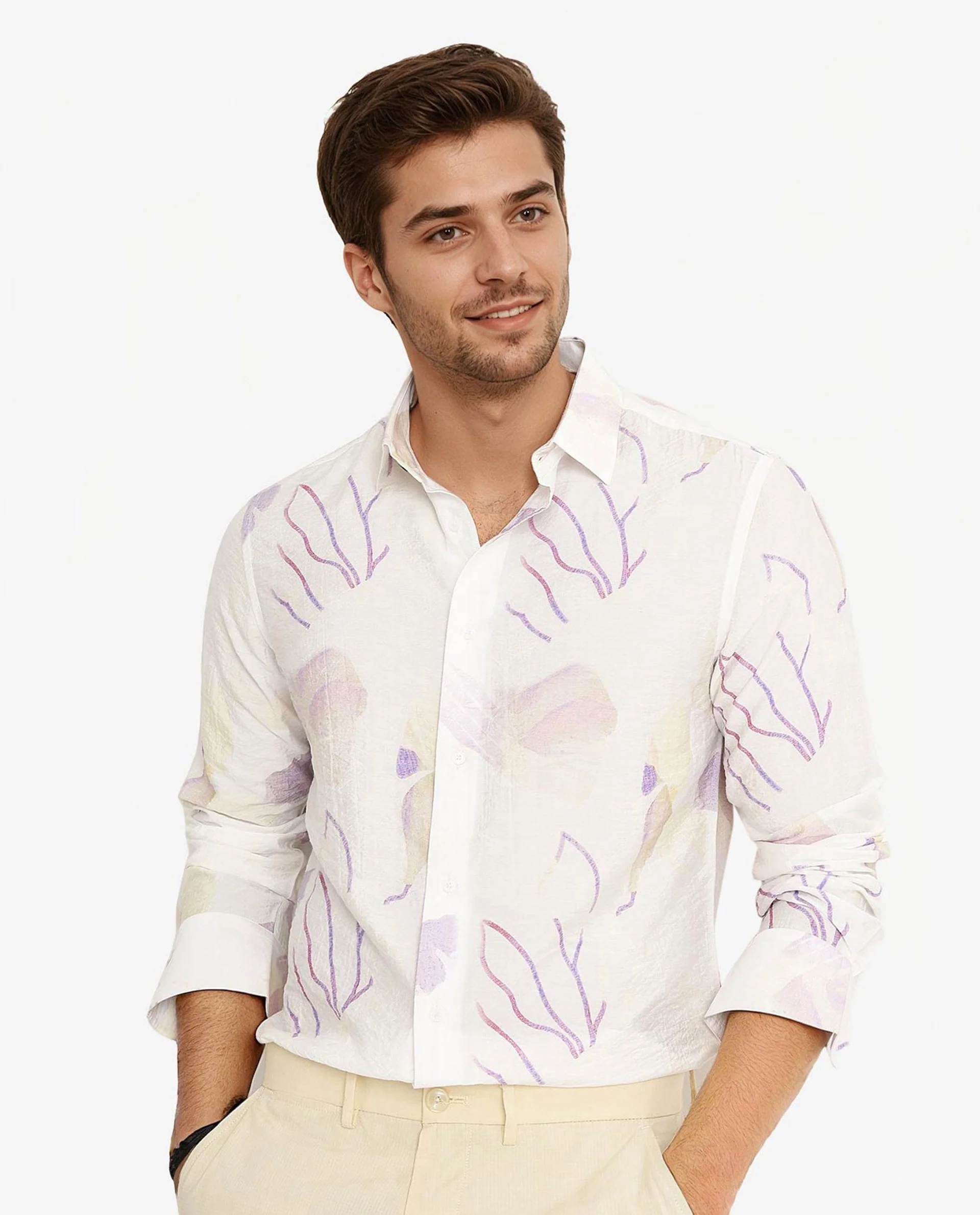 Rare Rabbit Men's Jazzy Off White Viscose Floral Print Regular Fit Full Sleeve Collared Shirt - Image 3