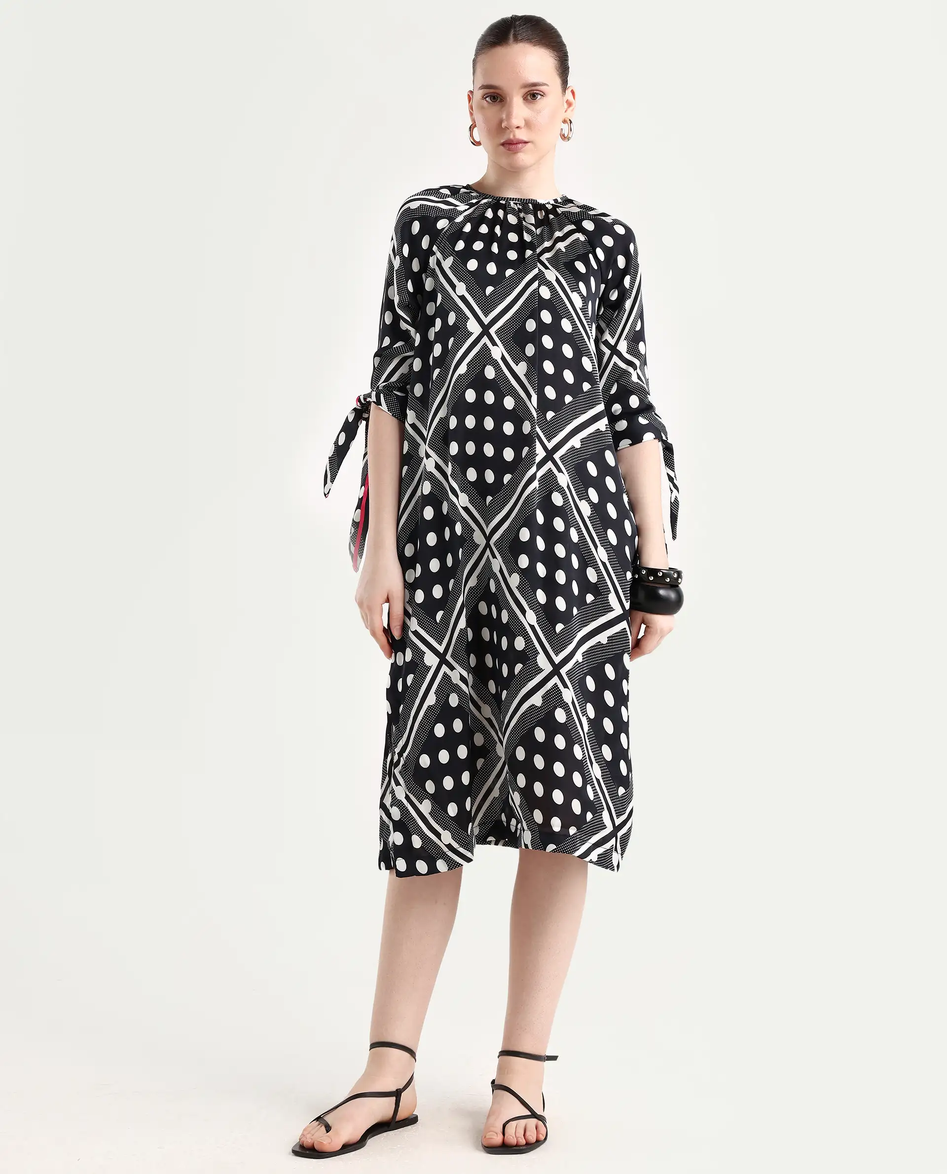 Rareism Women's Jeannie Black Polyester Boat Neck Polka Print Knee Length Regular Fit Dress - Image 2