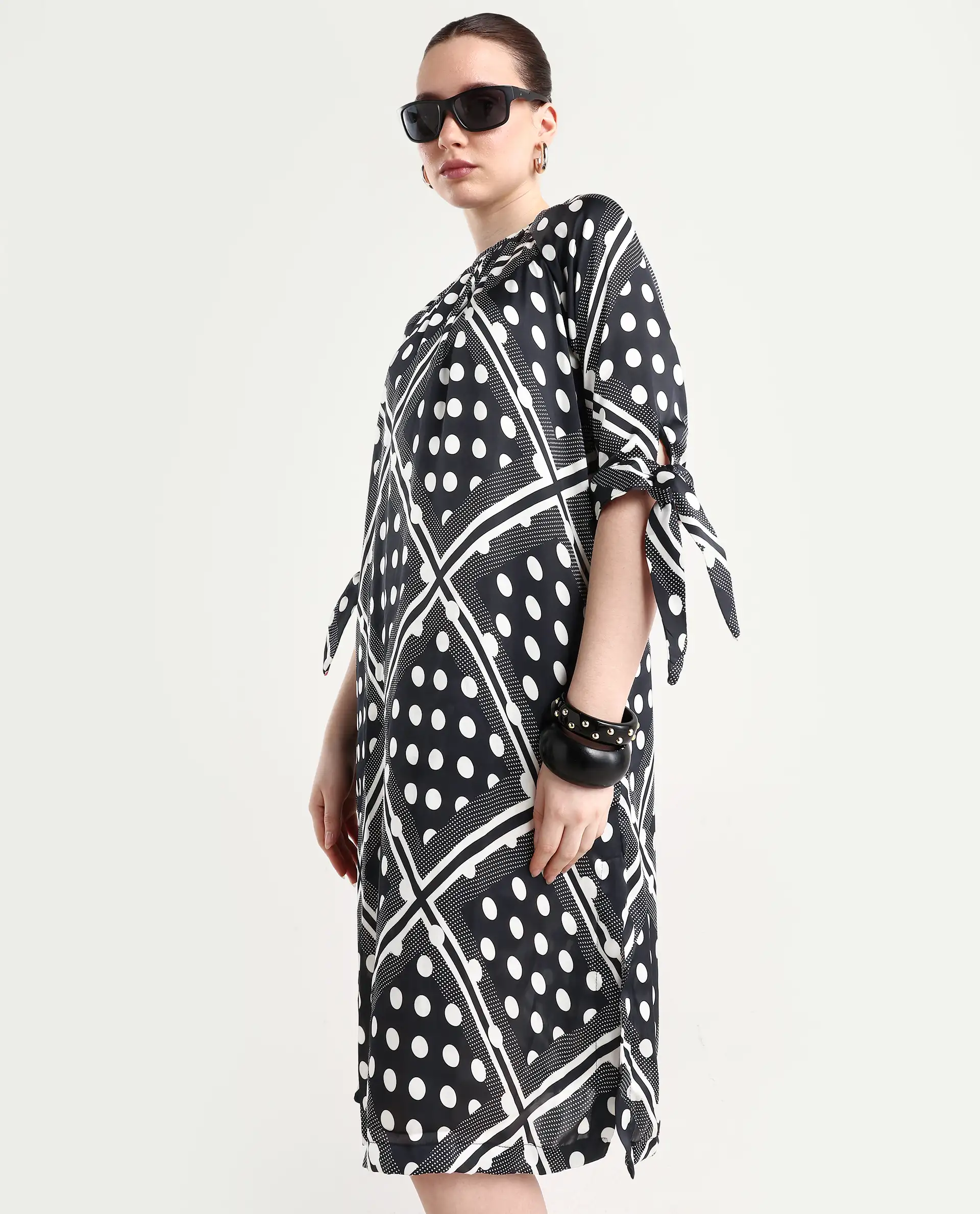 Rareism Women's Jeannie Black Polyester Boat Neck Polka Print Knee Length Regular Fit Dress - Image 3