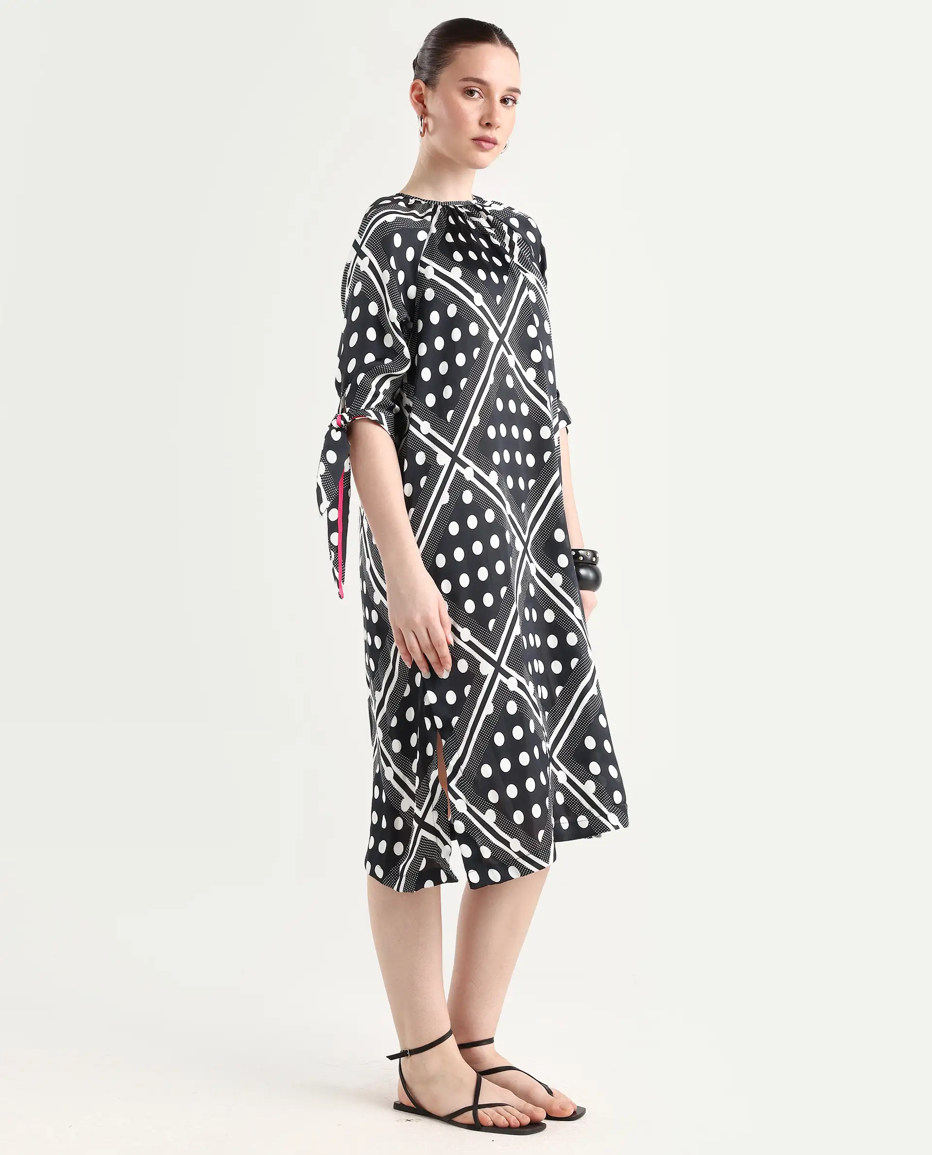 Rareism Women's Jeannie Black Polyester Boat Neck Polka Print Knee Length Regular Fit Dress - Image 5