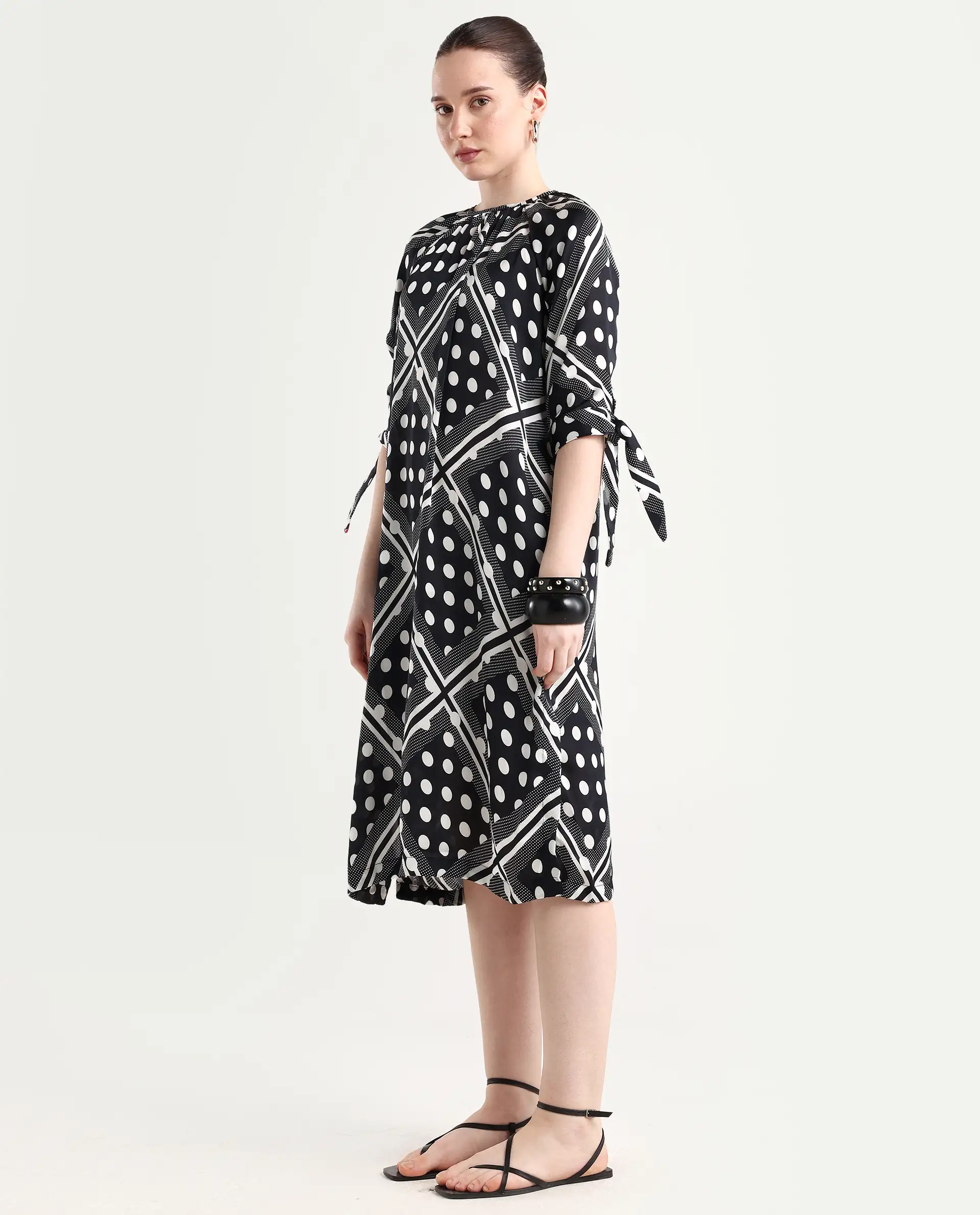 Rareism Women's Jeannie Black Polyester Boat Neck Polka Print Knee Length Regular Fit Dress - Image 6