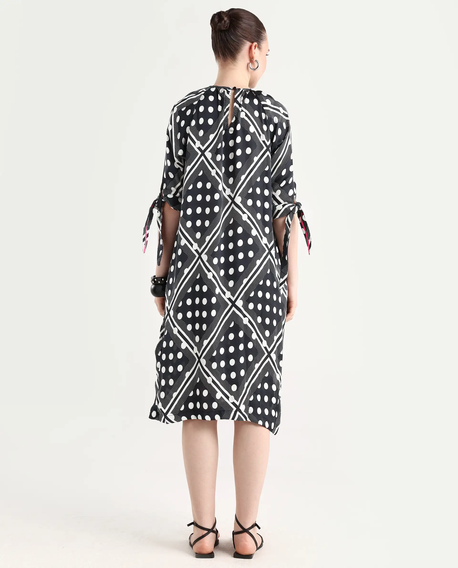 Rareism Women's Jeannie Black Polyester Boat Neck Polka Print Knee Length Regular Fit Dress - Image 7