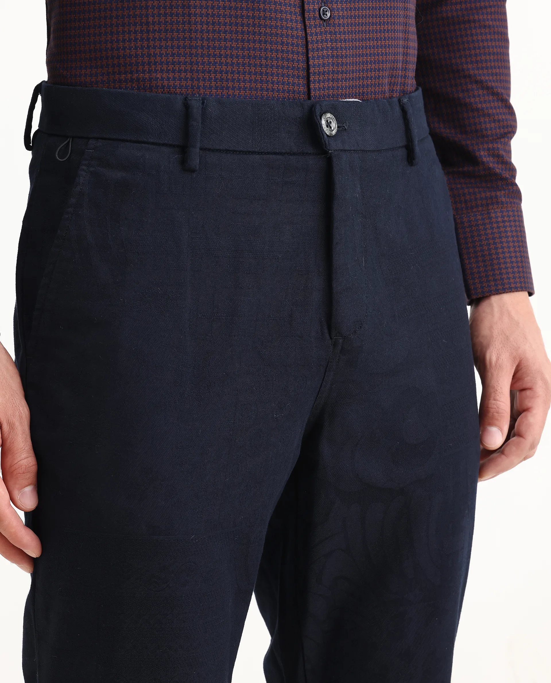 Rare Rabbit Men's Jeck-1 Navy Cotton Jacquard Regular Fit Trouser - Image 3