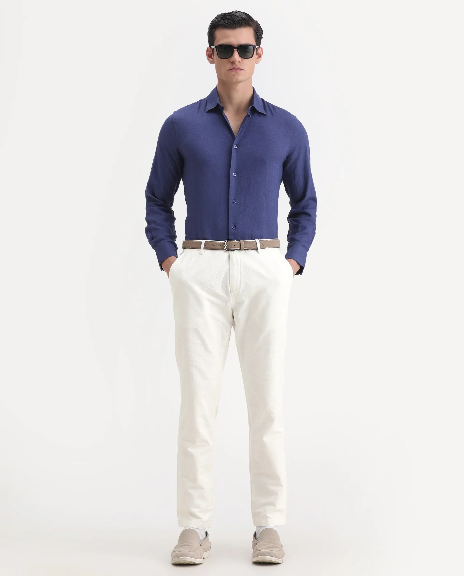 Rare Rabbit Men's Jeck-1 White Cotton Jacquard Regular Fit Trouser