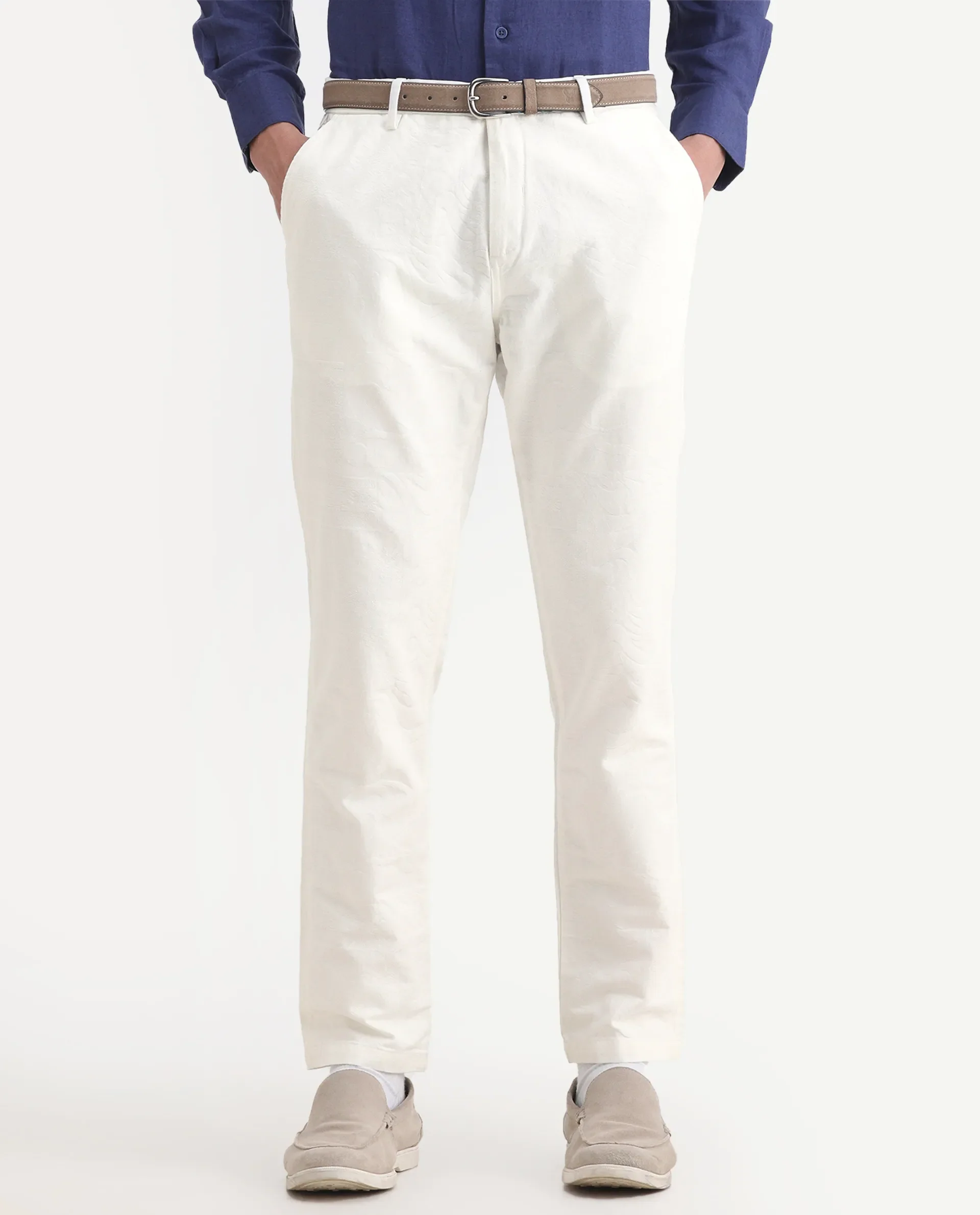 Rare Rabbit Men's Jeck-1 White Cotton Jacquard Regular Fit Trouser - Image 2