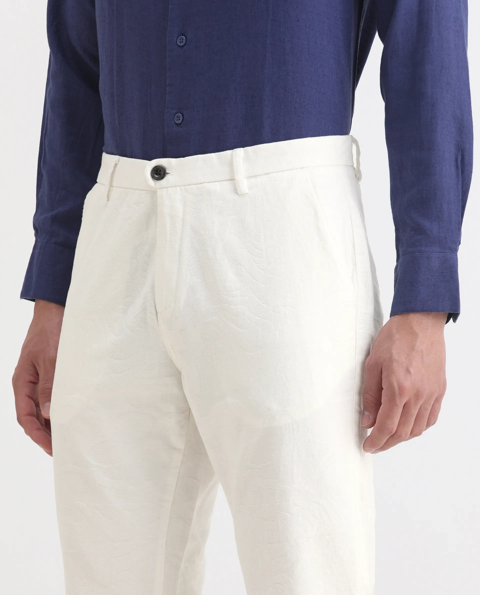 Rare Rabbit Men's Jeck-1 White Cotton Jacquard Regular Fit Trouser - Image 3