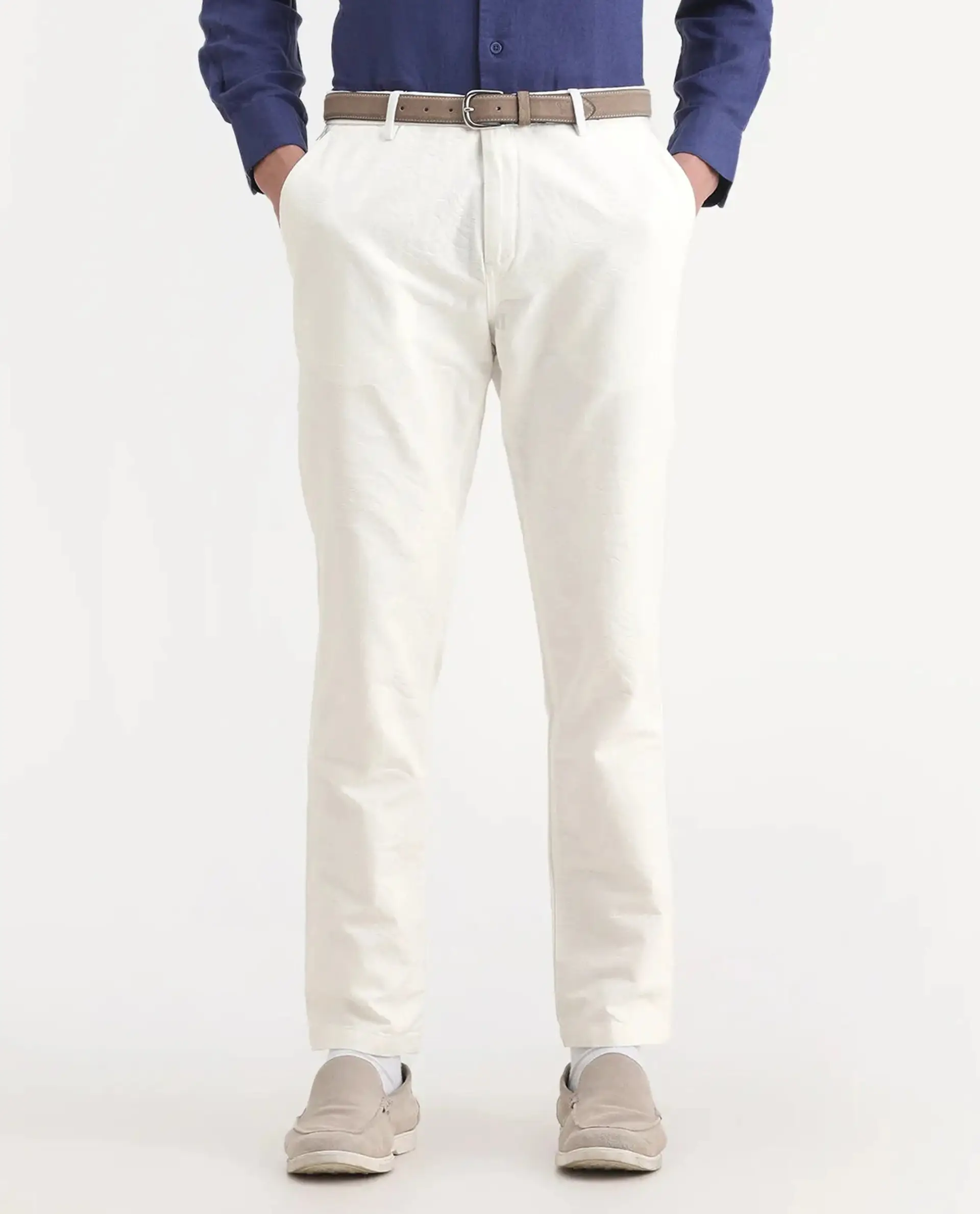 Rare Rabbit Men's Jeck-1 White Cotton Jacquard Regular Fit Trouser - Image 9