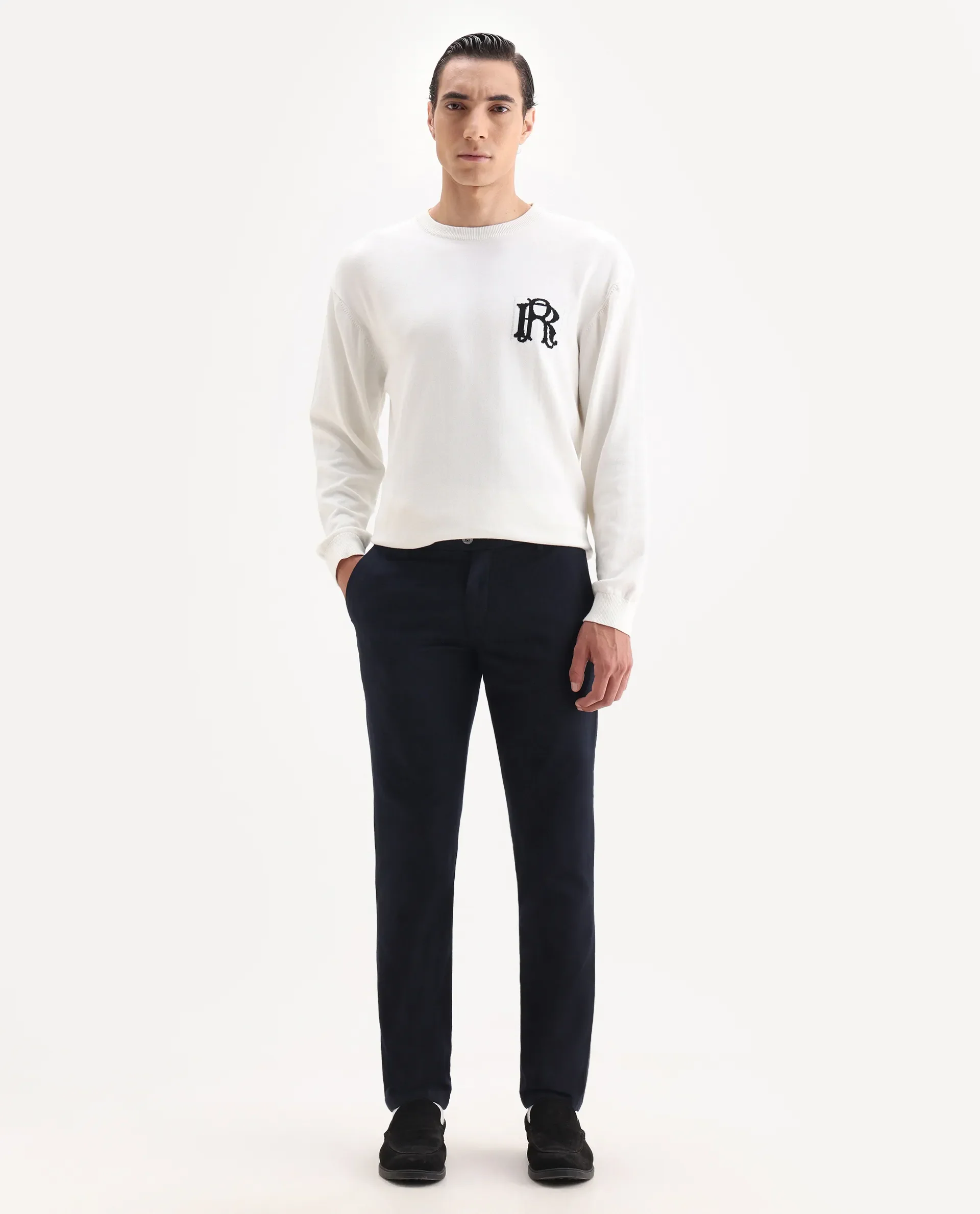 Rare Rabbit Men's Jeck-2 Navy Cotton Jacquard Regular Fit Trouser