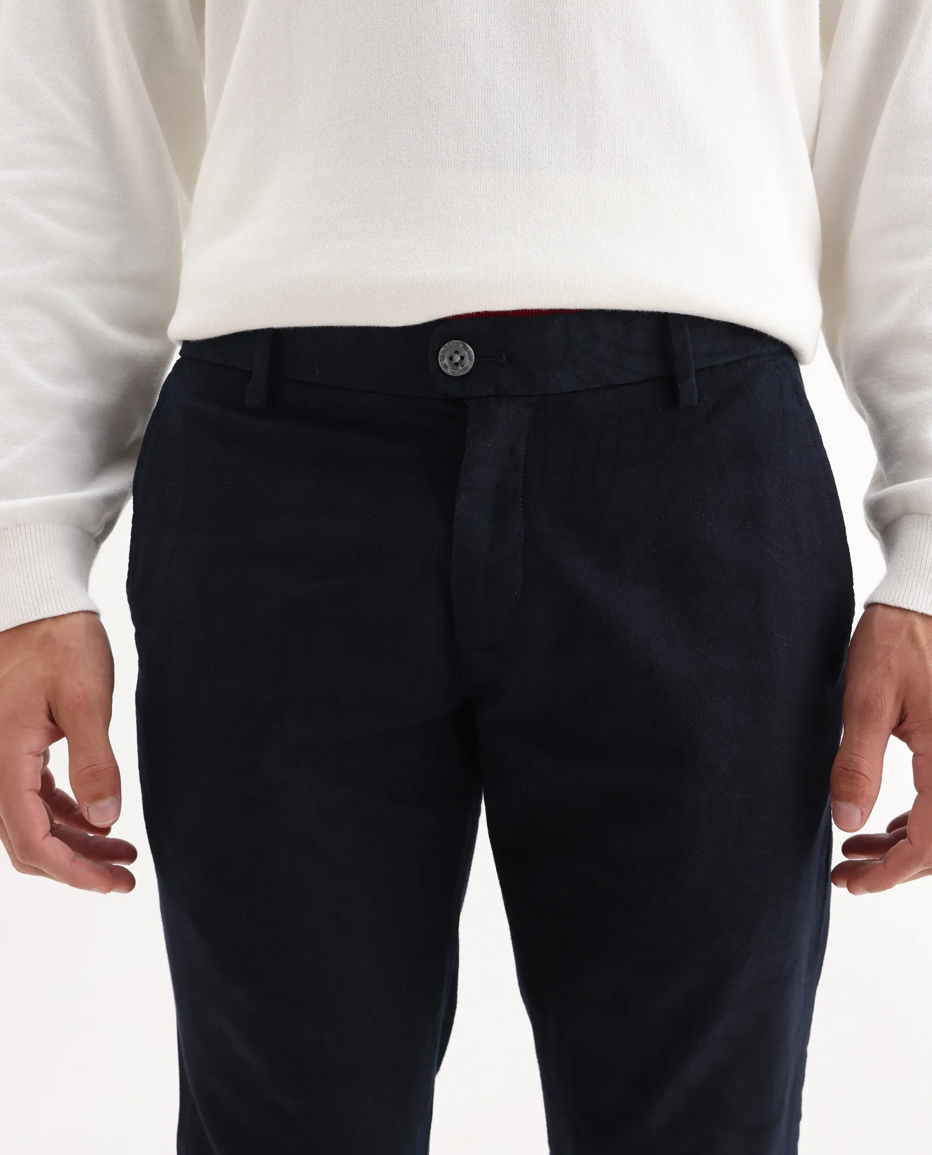 Rare Rabbit Men's Jeck-2 Navy Cotton Jacquard Regular Fit Trouser - Image 3