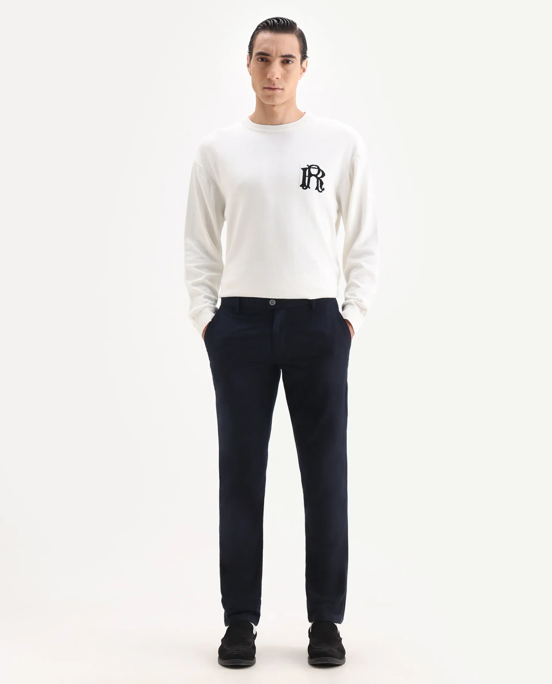 Rare Rabbit Men's Jeck-2 Navy Cotton Jacquard Regular Fit Trouser - Image 4