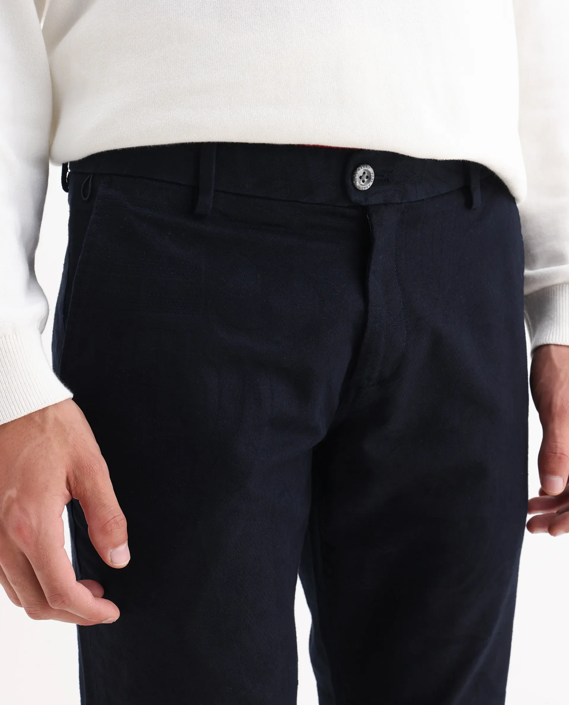 Rare Rabbit Men's Jeck-2 Navy Cotton Jacquard Regular Fit Trouser - Image 8