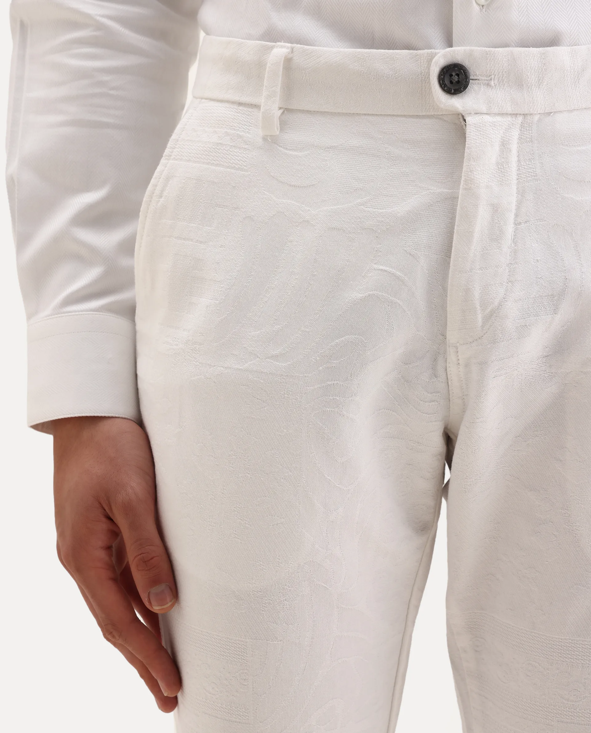 Rare Rabbit Men's Jeck-2 White Cotton Jacquard Regular Fit Trouser - Image 2