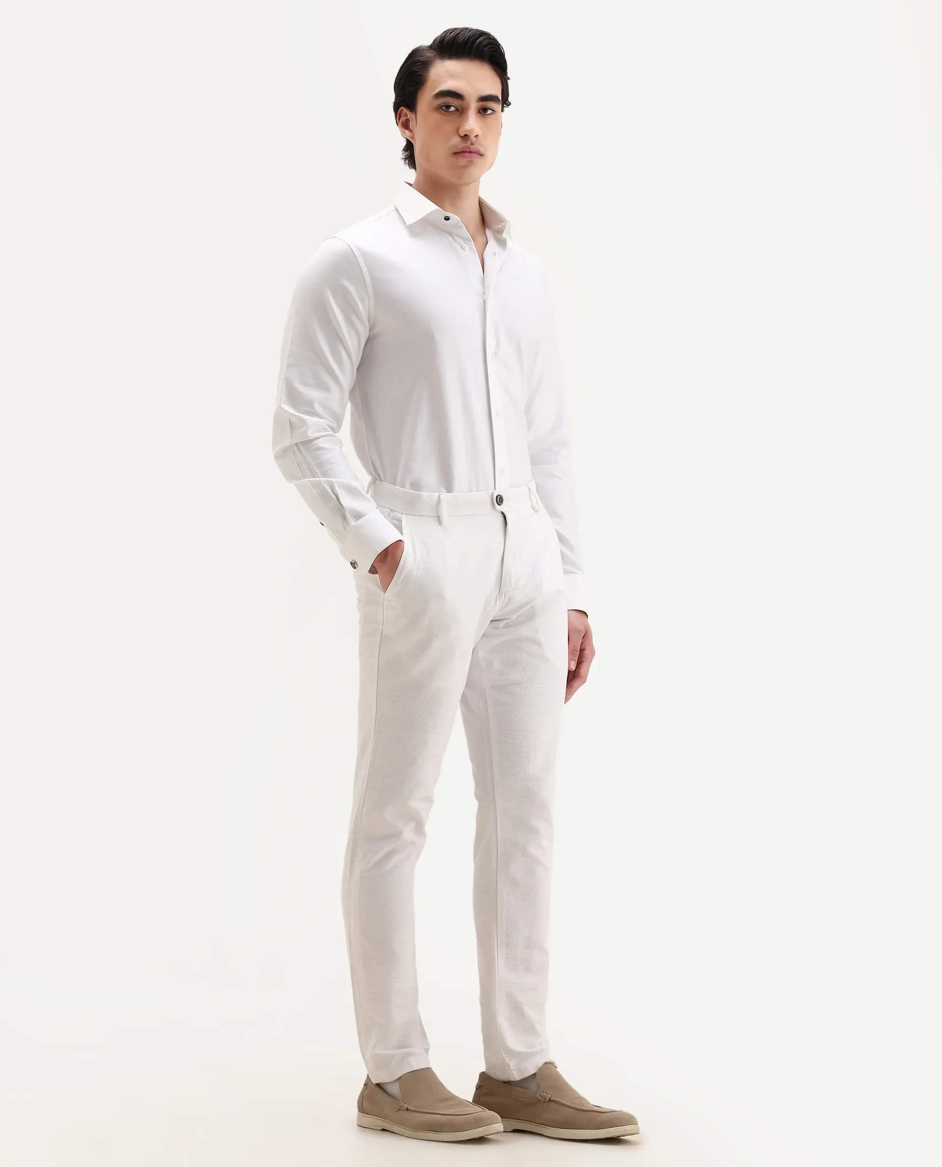Rare Rabbit Men's Jeck-2 White Cotton Jacquard Regular Fit Trouser - Image 3