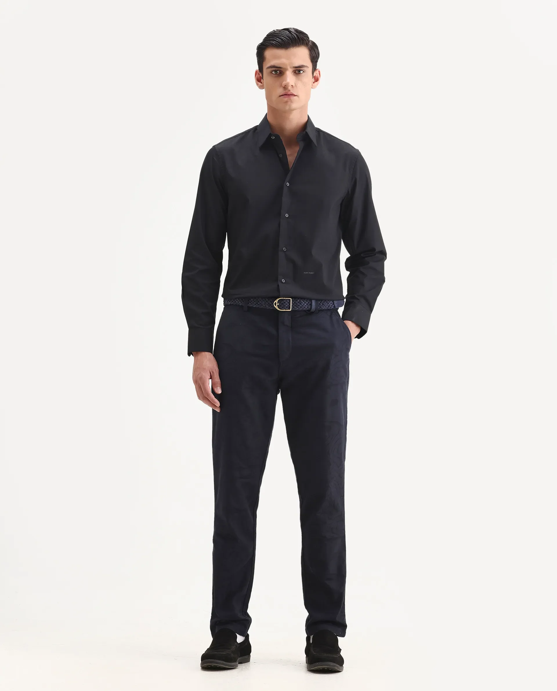 Rare Rabbit Men's Jeck-24 Navy Cotton Jacquard Regular Fit Trouser