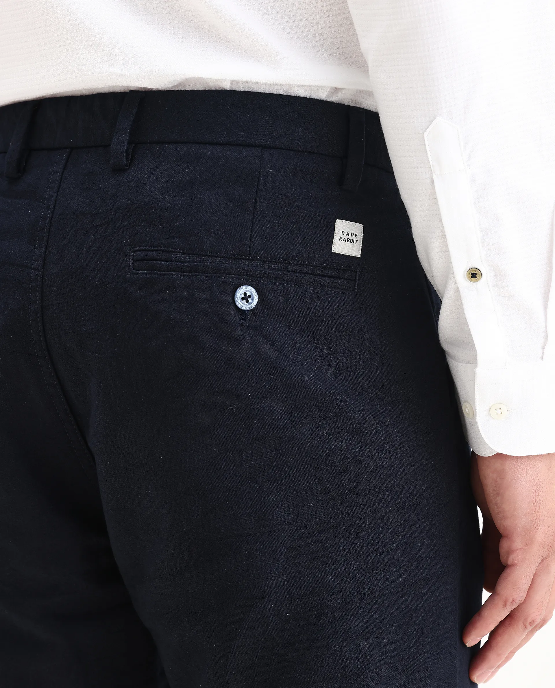 Rare Rabbit Men's Jeck-24 Navy Cotton Jacquard Regular Fit Trouser - Image 11