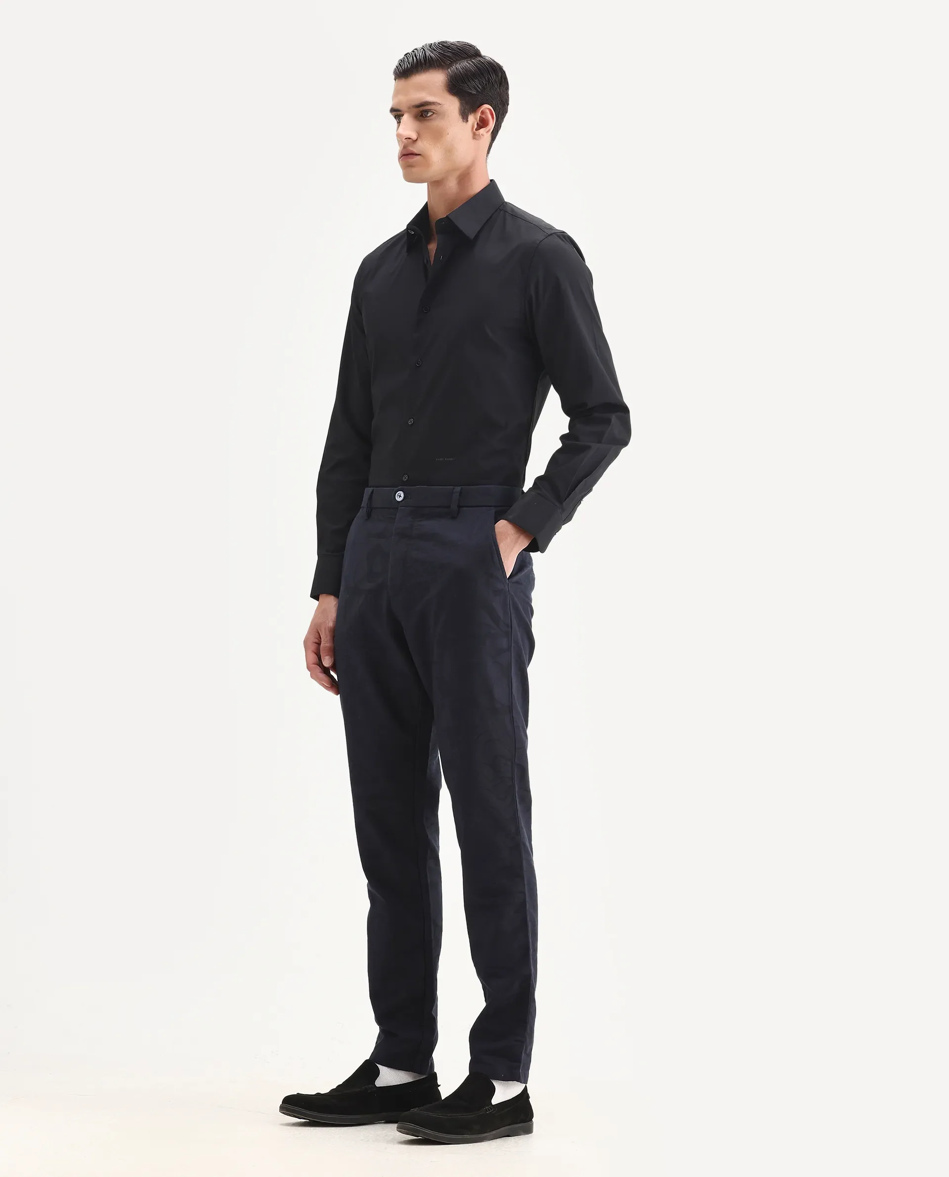 Rare Rabbit Men's Jeck-24 Navy Cotton Jacquard Regular Fit Trouser - Image 14