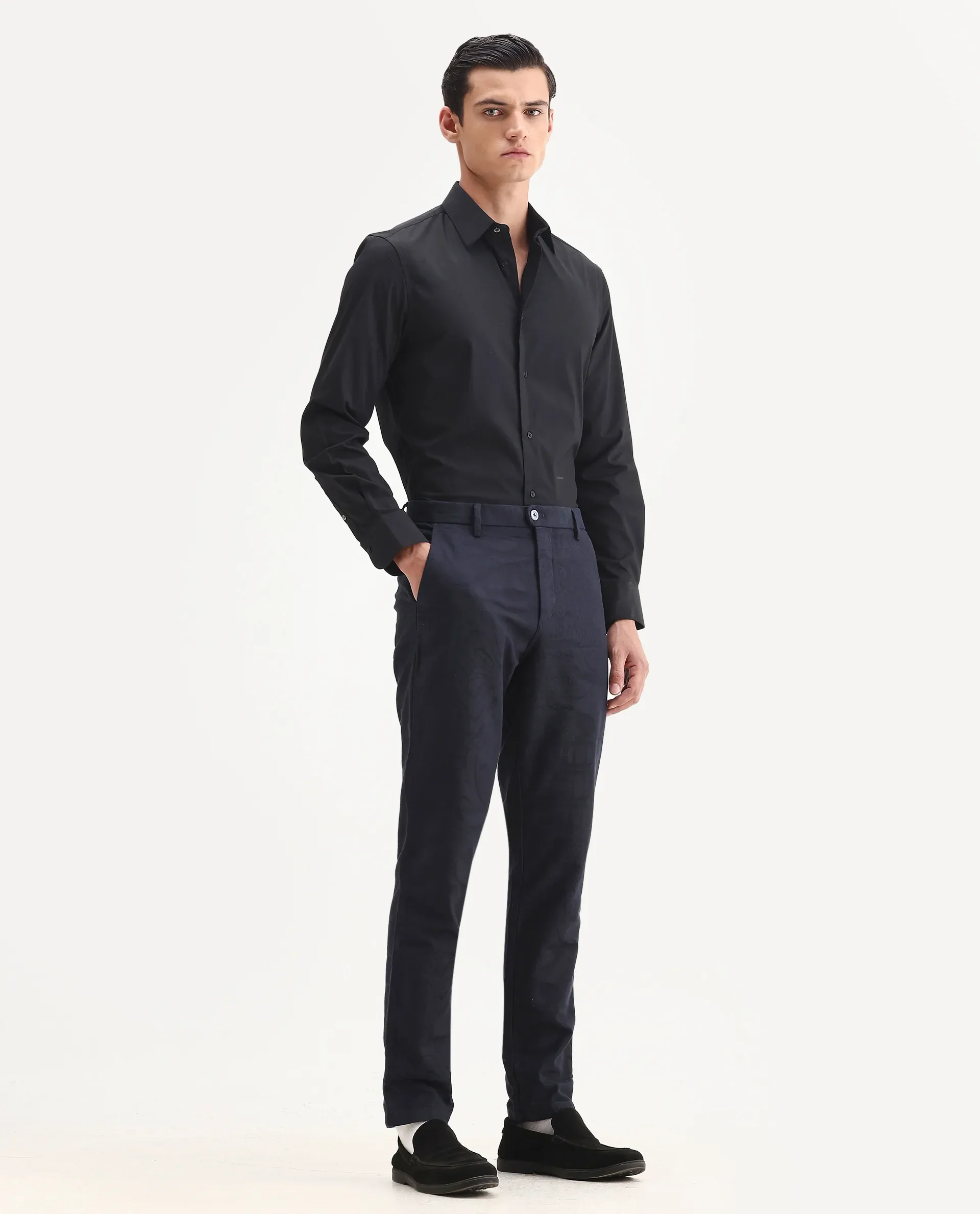 Rare Rabbit Men's Jeck-24 Navy Cotton Jacquard Regular Fit Trouser - Image 15