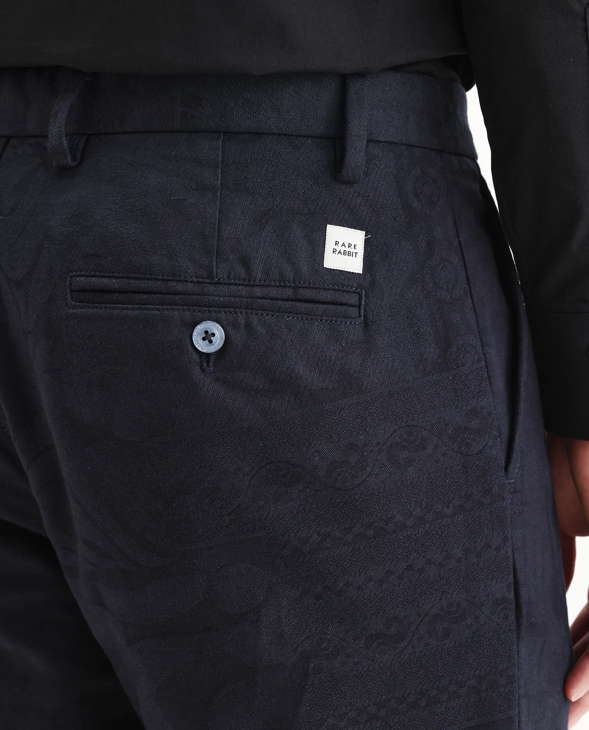 Rare Rabbit Men's Jeck-24 Navy Cotton Jacquard Regular Fit Trouser - Image 16