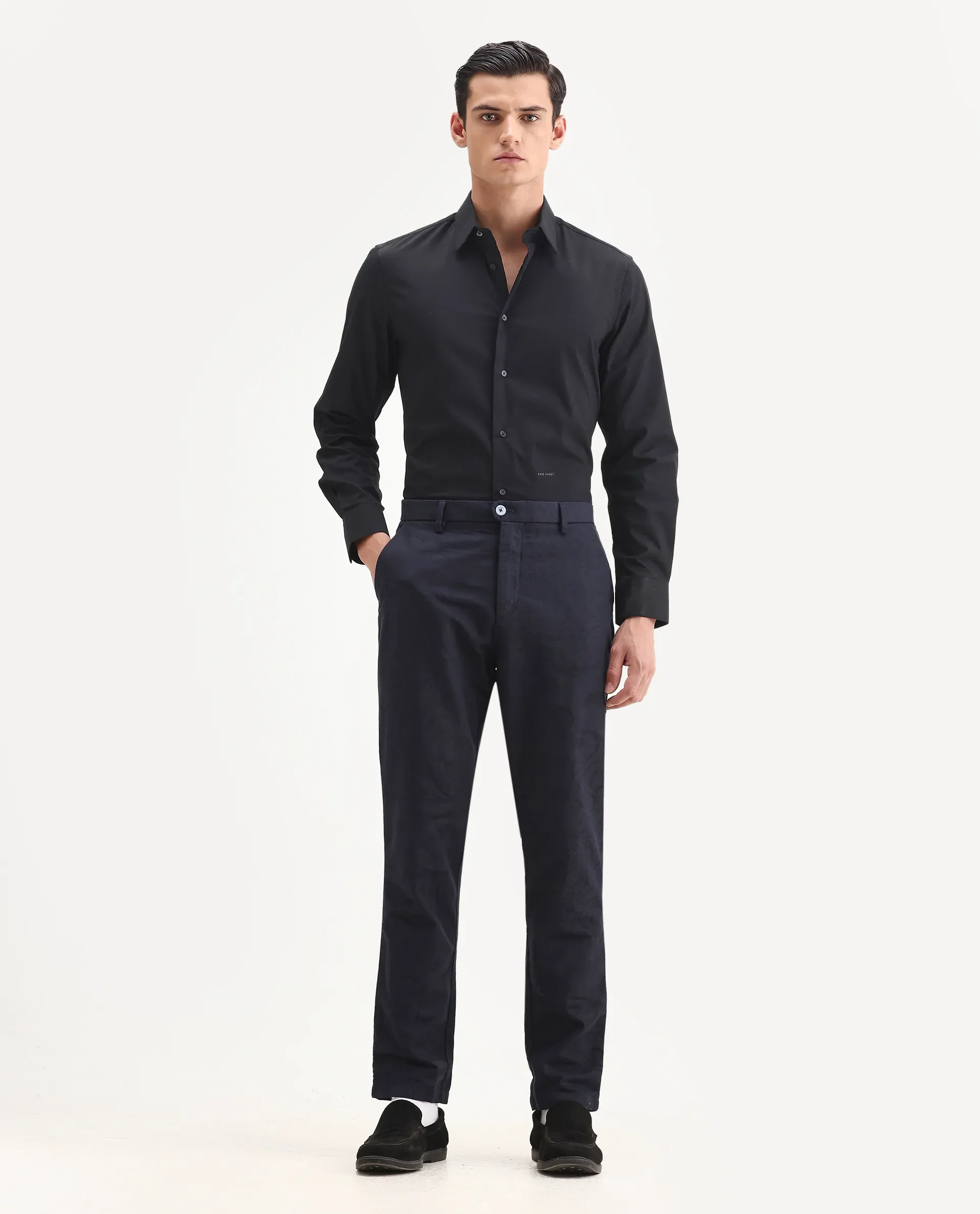 Rare Rabbit Men's Jeck-24 Navy Cotton Jacquard Regular Fit Trouser - Image 17