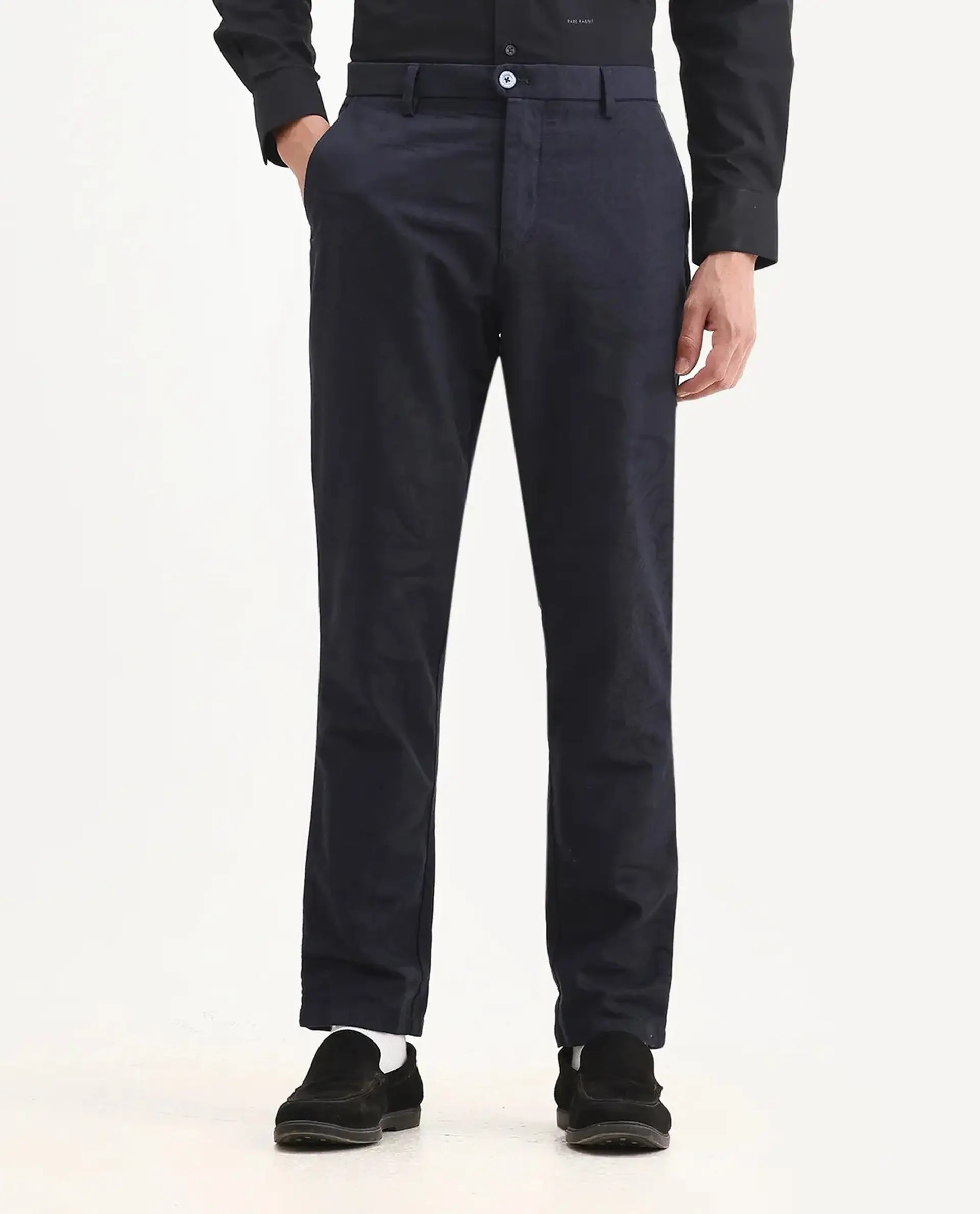 Rare Rabbit Men's Jeck-24 Navy Cotton Jacquard Regular Fit Trouser - Image 18