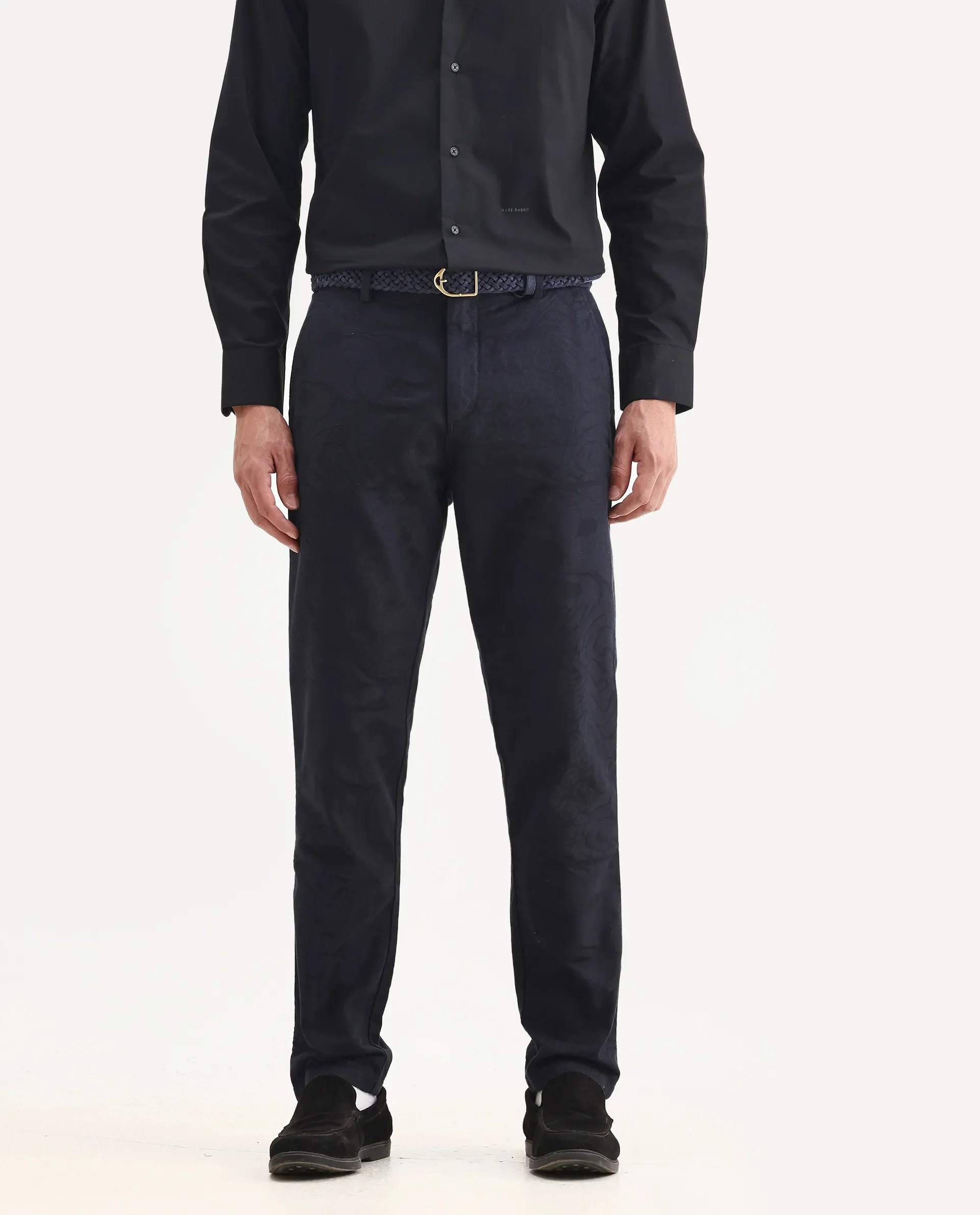 Rare Rabbit Men's Jeck-24 Navy Cotton Jacquard Regular Fit Trouser - Image 2