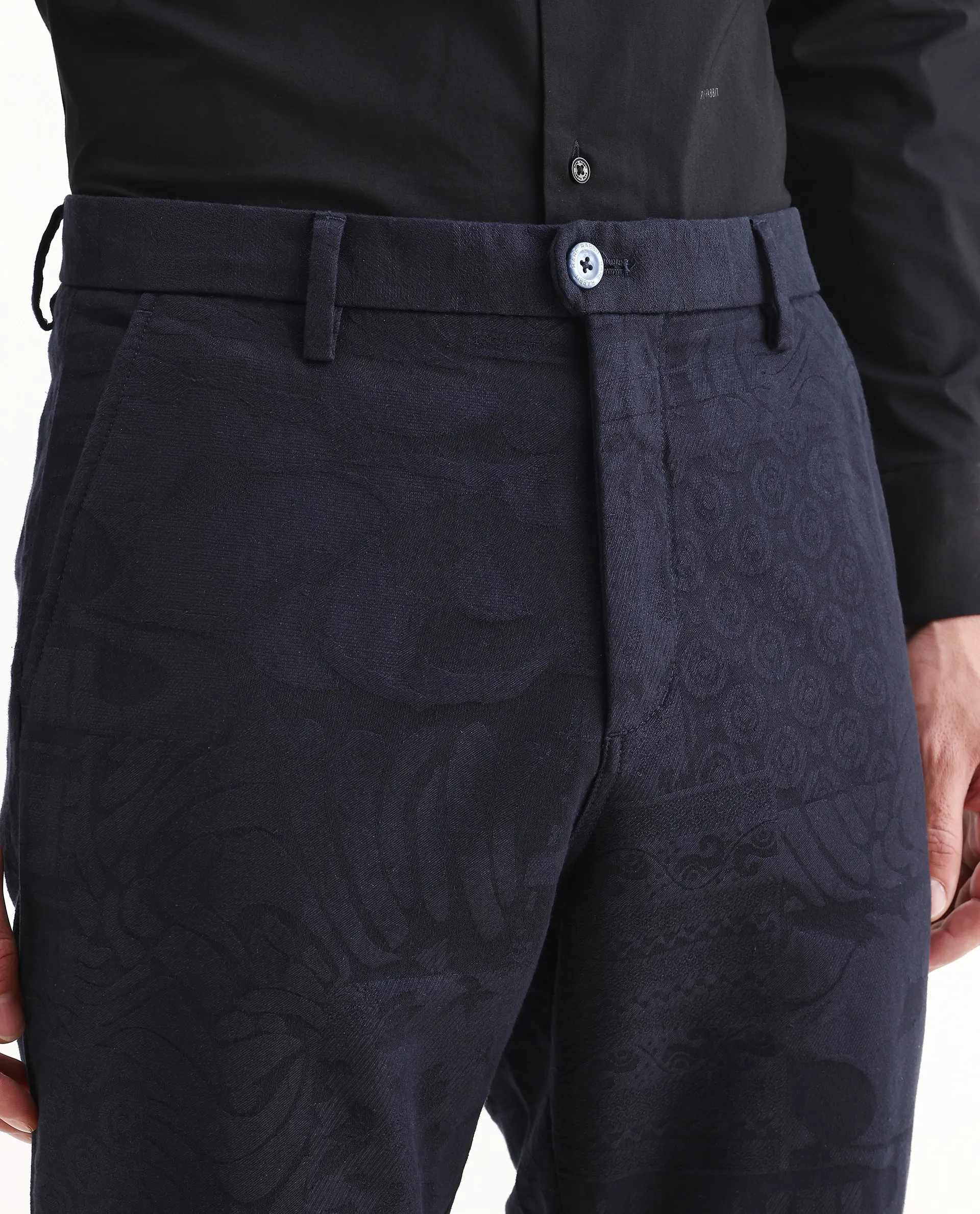 Rare Rabbit Men's Jeck-24 Navy Cotton Jacquard Regular Fit Trouser - Image 3
