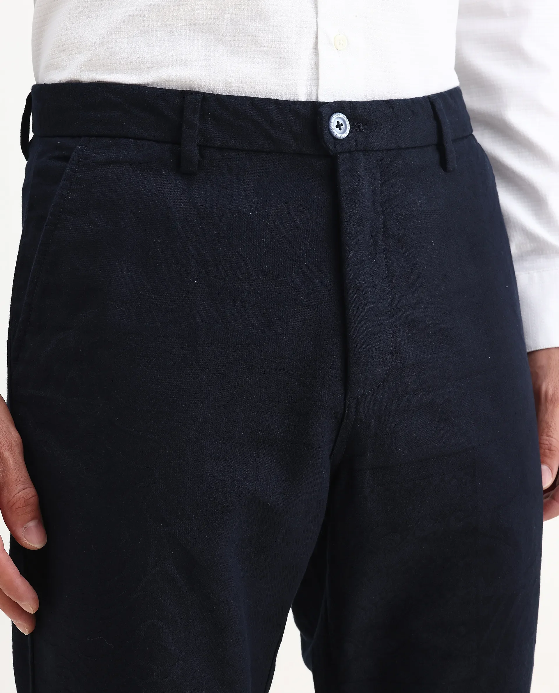 Rare Rabbit Men's Jeck-24 Navy Cotton Jacquard Regular Fit Trouser - Image 6
