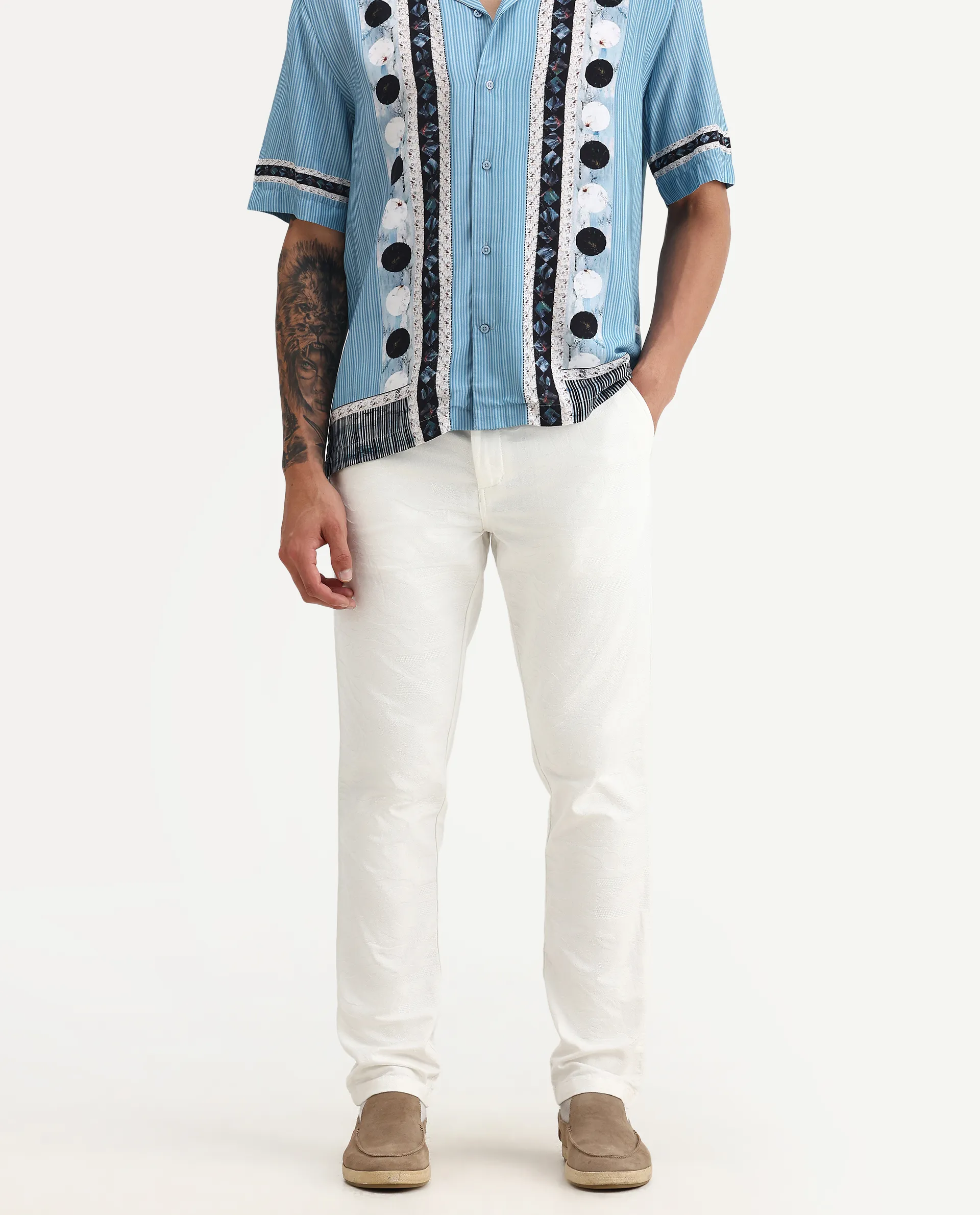 Rare Rabbit Men's Jeck-24 White Cotton Jacquard Regular Fit Trouser - Image 2
