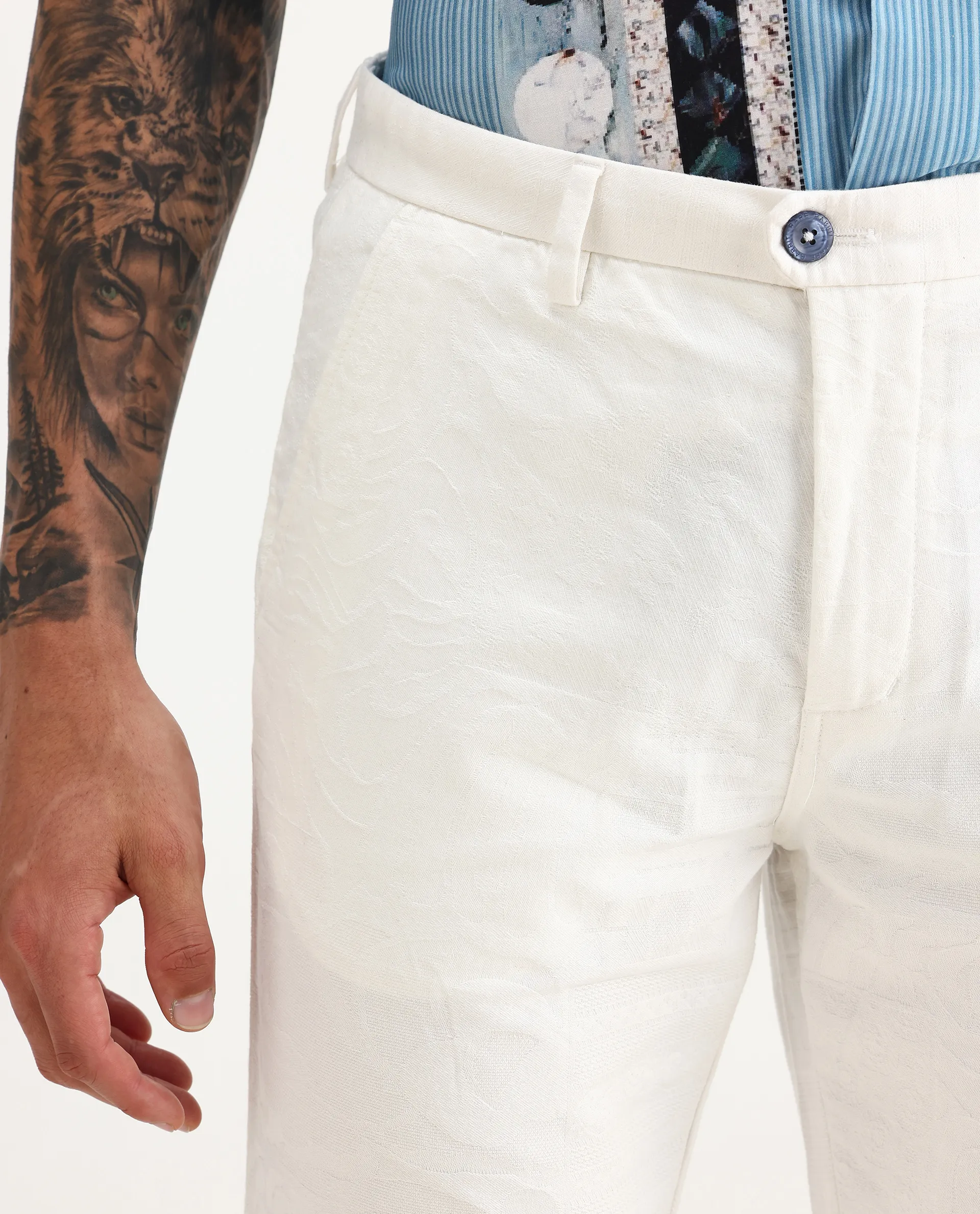 Rare Rabbit Men's Jeck-24 White Cotton Jacquard Regular Fit Trouser - Image 3
