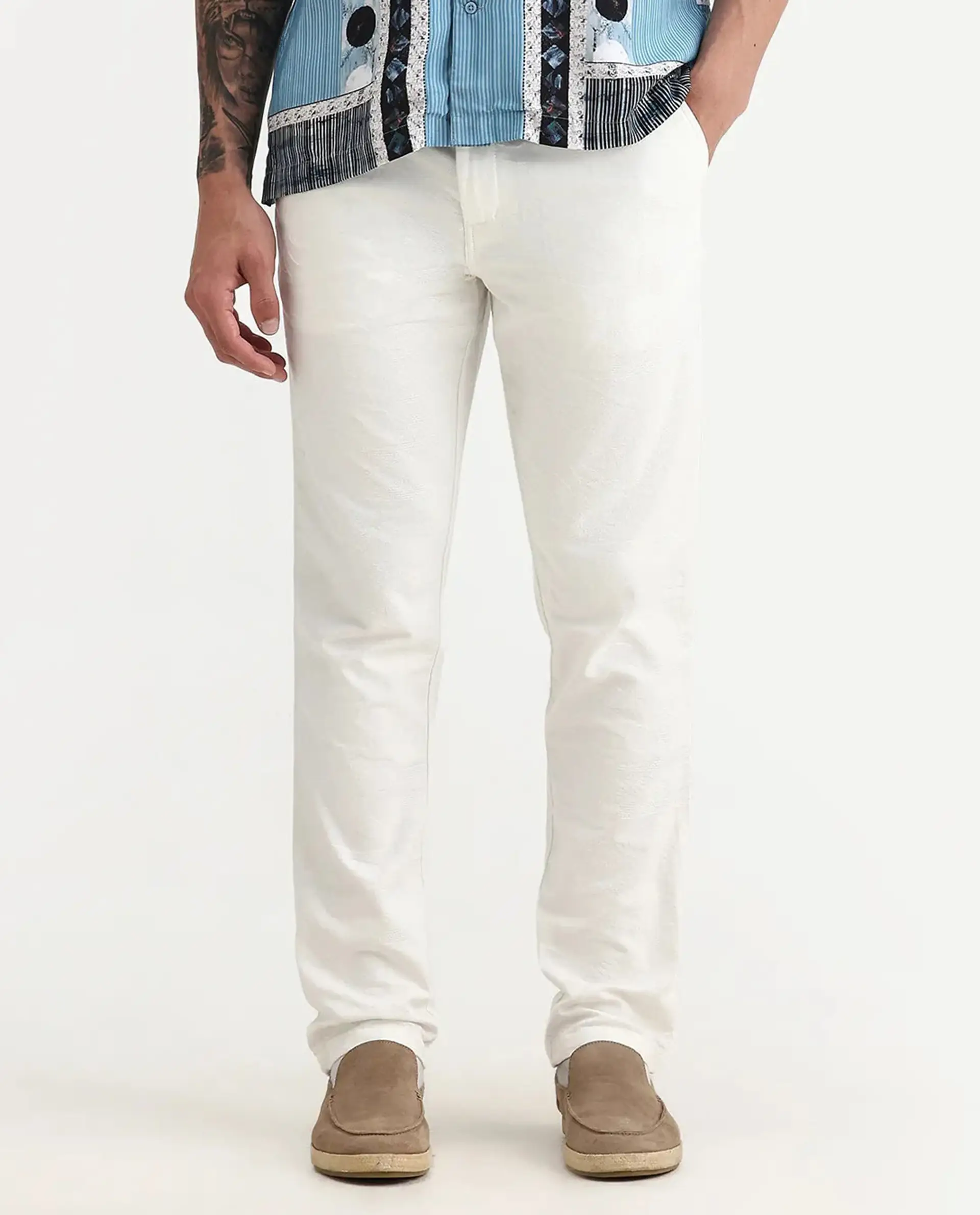 Rare Rabbit Men's Jeck-24 White Cotton Jacquard Regular Fit Trouser - Image 9