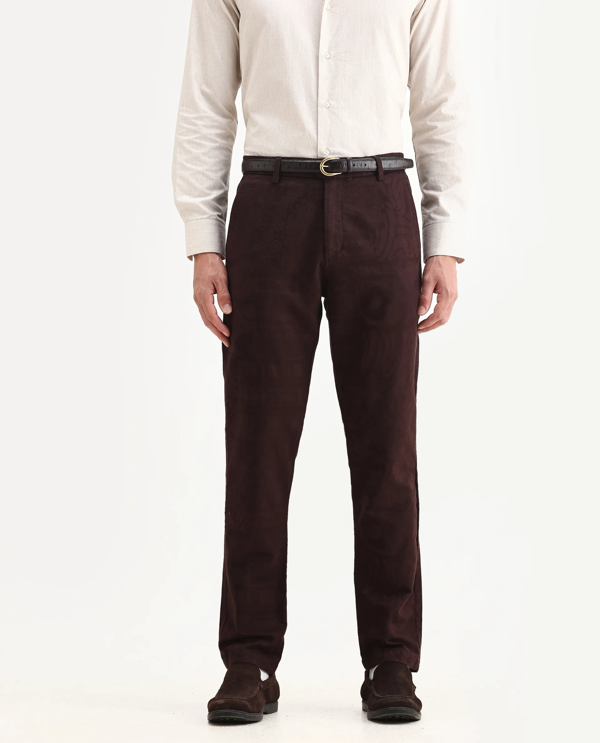 Rare Rabbit Men Jeck-Aw25 Dark Brown Cotton Fabric Button And Zip Closure Closure Jacquard Trouser - Image 2